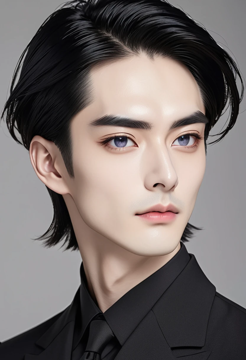 A handsome 30 years man with black coloured almond-shaped eyes, Coarse straight long black hair that is tied behind his back with pale skin, a High cheekbone, Monolids or double eyelids, Sparse and high eyebrows and a Medium broad nose wearing a suit