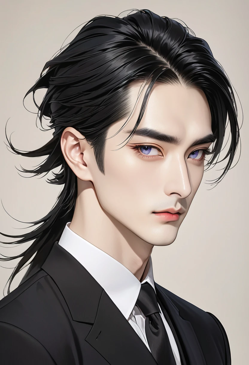 A handsome 30 years man with black coloured almond-shaped eyes, Coarse straight long black hair that is tied behind his back with pale skin, a High cheekbone, Monolids or double eyelids, Sparse and high eyebrows and a Medium broad nose wearing a suit