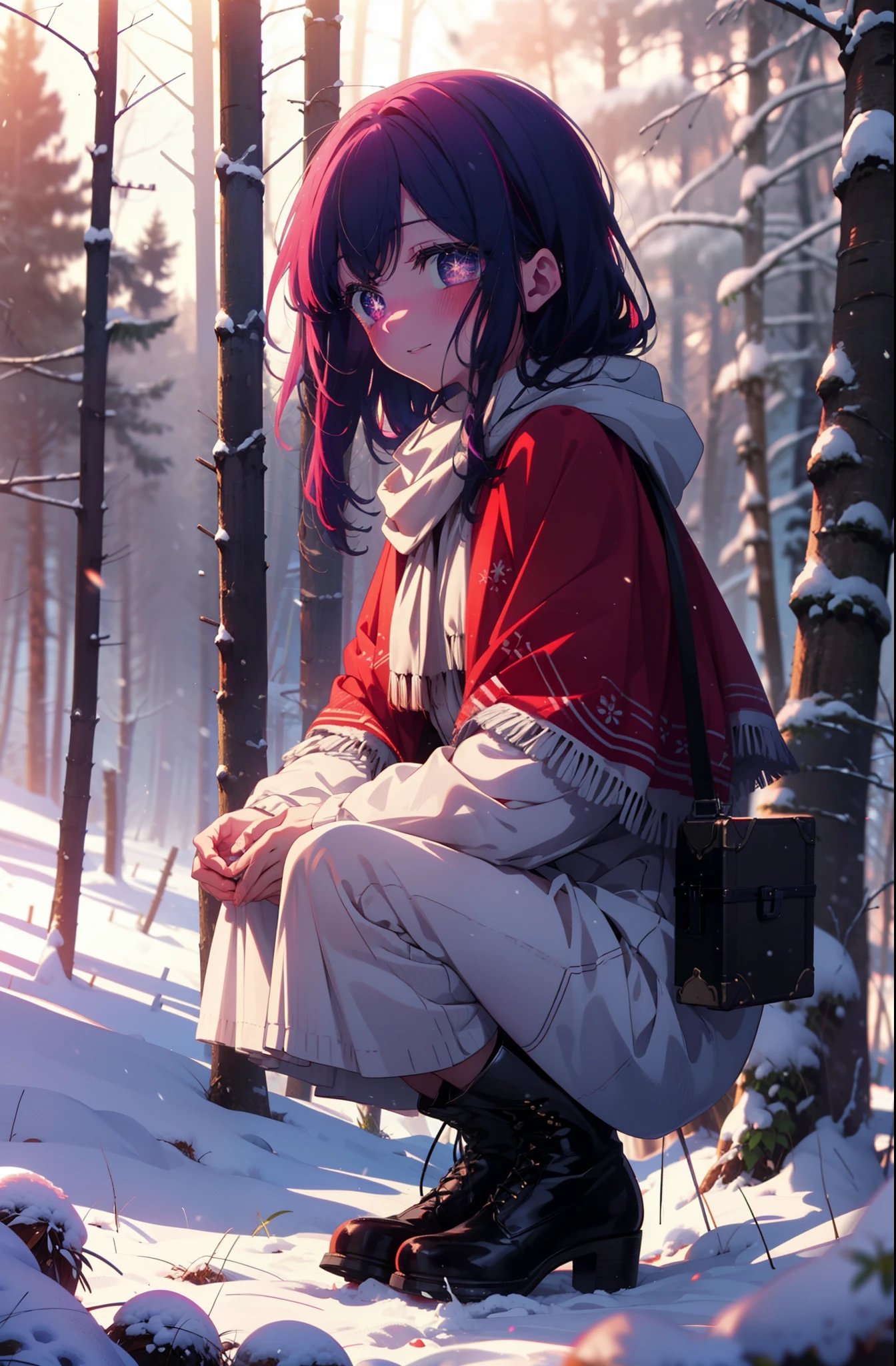 aihoshino, Ai Hoshino, Long Hair, bangs, (Purple eyes:1.1), Purple Hair, (Symbol-shaped pupil:1.5), smile,,smile,blush,white breath,
Open your mouth,snow,Ground bonfire, Outdoor, boots, snowing, From the side, wood, suitcase, Cape, Blurred, , forest, White handbag, nature, Squat, Mouth closed, Cape, winter, Written boundary depth, Black shoes, red Cape break looking at viewer, Upper Body, whole body, break Outdoor, forest, nature, break (masterpiece:1.2), Highest quality, High resolution, unity 8k wallpaper, (shape:0.8), (Beautiful and beautiful eyes:1.6), Highly detailed face, Perfect lighting, Extremely detailed CG, (Perfect hands, Perfect Anatomy),
