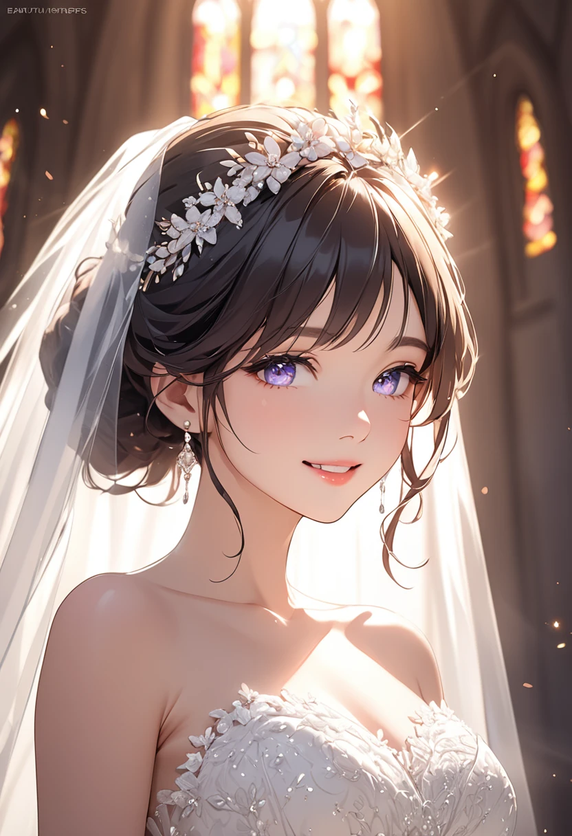 (masterpiece:1.5),(Beat quality),(high res),1girl solo,beautiful face,smile(shining eyes),upper body,light effects,wedding dress women,church