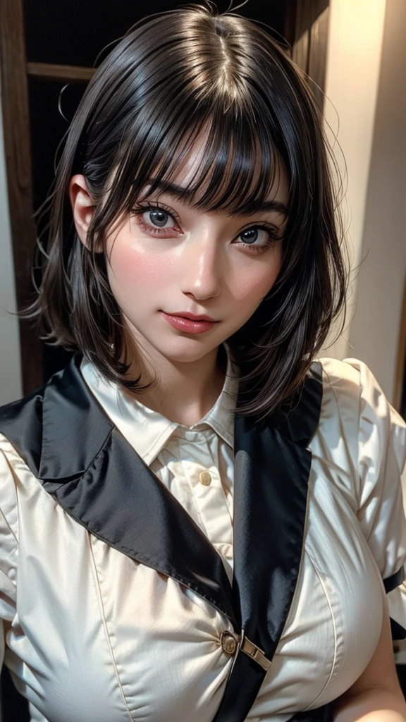 ((Beautiful Face:1.4)), (Purelos Face_v1: 1.0), Half Body,(Highest Resolution, clear_image) Highest quality, Single, One Woman, alone, masterpiece, Very detailed, (realistic:1.2), Black short hair, Black Hair, bangs, 18-year-old, mature, ((JSDF uniform)), uniform, Indoor Background, kind, Authoritative, Powerful, Exquisite facial features, Exquisite facial features,((Natural big breasts:1.4))