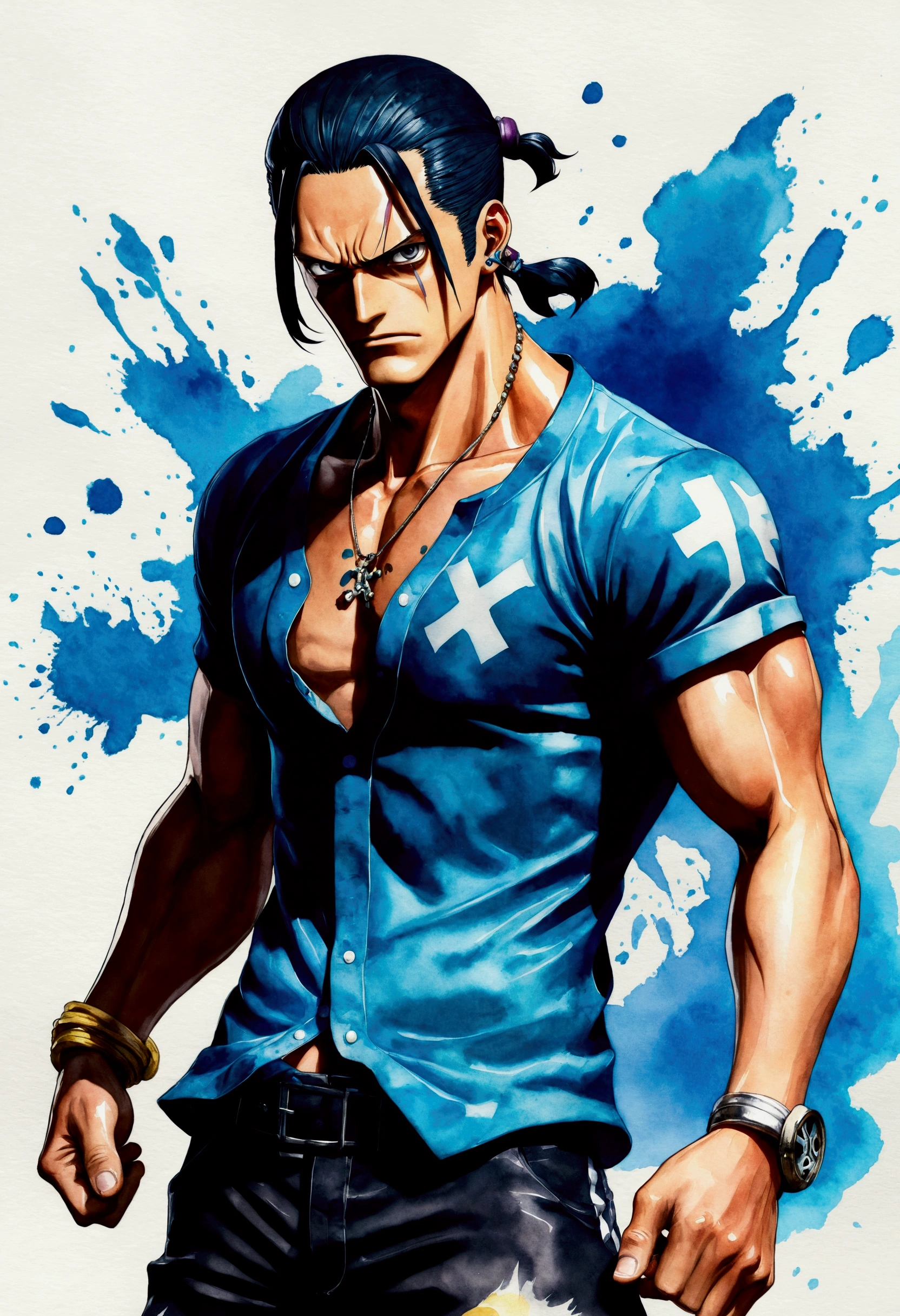 One Piece Franky Creation、Watercolor、An illustration、Blue Hair、shirt、precise face features、black eye、Sporty clothes、High resolution、Dynamic pose、