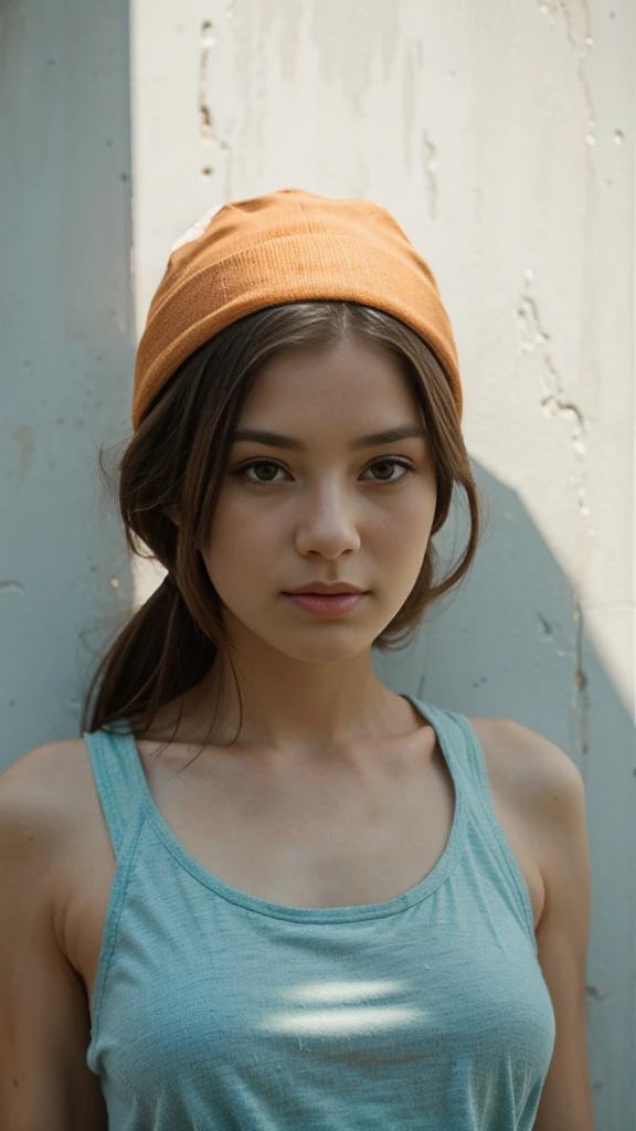 Portrait of a young woman in an orange cap and tank top, textured painting style, abstract style with pale blue and green background, realistic facial expressions and shadows."
