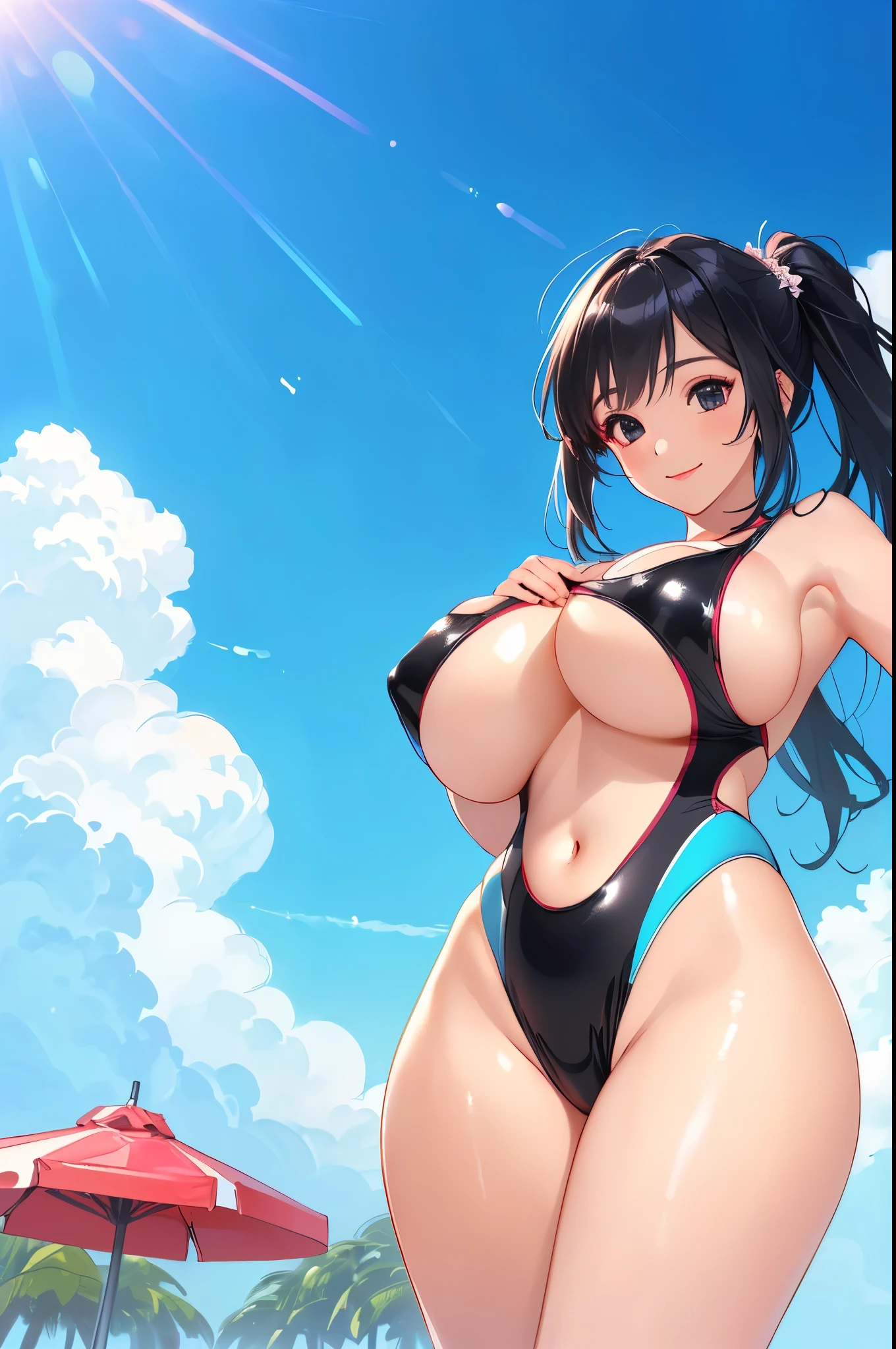 ((From directly below:1.5)),(1 girl:2.0),((Underboob:1.5)),(Smile Beam:1.5),((huge breasts:1.5)),(huge saggy breasts:1.5), ((cleavage:1.5)),((competition swimsuit:1.5)),((High leg:1.5),((latex:1.5)),傘を持ってAt the Beachポーズをとるビキニのアニメの女の子, tits, Realistic Bikini, Swimwear, is wearing a Swimwear, tits proportions, Enchanting anime girl, Big Breasts!, At the Beach, Big Breasts!!, [ 4k digital art ]!!, At the Beach, Smooth anime CG art, , have large breasts, At the Beach,Highest quality, 4K, masterpiece, Very detailedな, Studio Lighting, Hilarious, Vivid expression,super high quality, Very detailed,Perfect photo,3d,8k,High resolution,Black Hair,(black eye:1.5),Sporty hairstyles,Smooth anime CG art, 