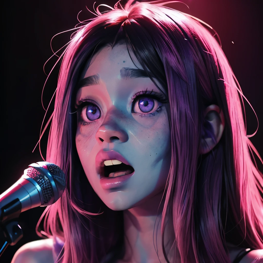 cute anime (zombie girl) with (dark purple straight hair), freckles, (((blue skin))), (((pink eyes))). Singing in a karaoke.