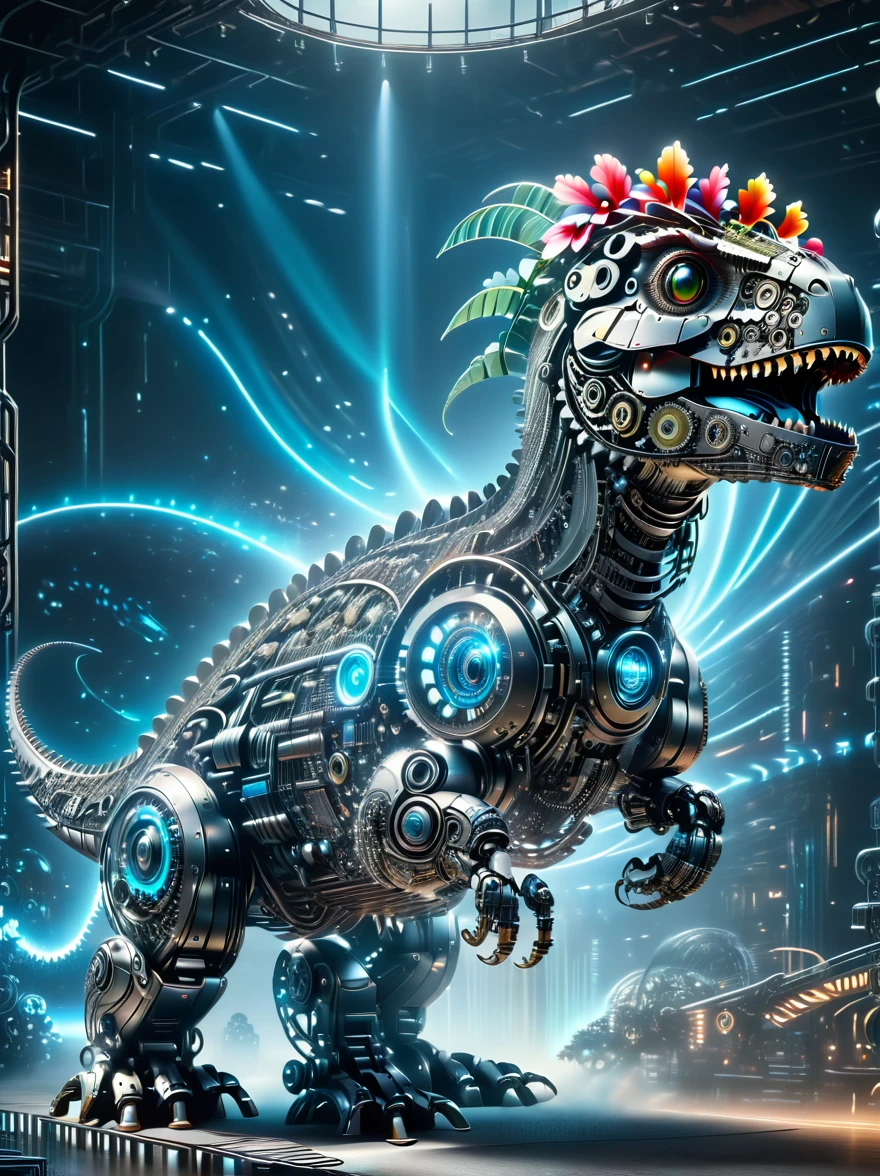 (3D，mechanical感，cute，ais-scrapyrd Tyrannosaurus，mechanical)，Colorful neon lights，高科技mechanical部件，Metal body，Detailed Vibranium Flower Design，Vibrant colors，Dynamic glowing flowers，Reflective metal surface，Bright environment，Dynamic poses，Exquisite existence，Skills Improvement，互锁mechanical齿轮，Stylish design，motion blur effect，Detailed metal treatment，Sci-fi atmosphere，Streamlined aerodynamic shape，Laser scanning pattern，Holographic projection，LED light track，Beautiful and unforgettable，Advanced sensors，Complex algorithms，Ominous and mysterious atmosphere，Electric Spark，Shiny chrome，Propulsion systems of the future，(Best quality，8k，high resolution，masterpiece:1.2)，Super detailed，(whole body:1.8)​