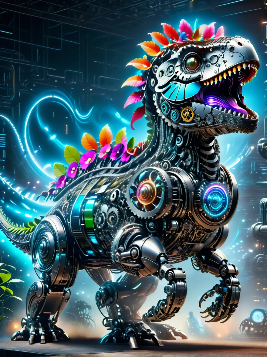 (3D，mechanical感，cute，ais-scrapyrd Tyrannosaurus，mechanical)，Colorful neon lights，高科技mechanical部件，Metal body，Detailed Vibranium Flower Design，Vibrant colors，Dynamic glowing flowers，Reflective metal surface，Bright environment，Dynamic poses，Exquisite existence，Skills Improvement，互锁mechanical齿轮，Stylish design，motion blur effect，Detailed metal treatment，Sci-fi atmosphere，Streamlined aerodynamic shape，Laser scanning pattern，Holographic projection，LED light track，Beautiful and unforgettable，Advanced sensors，Complex algorithms，Ominous and mysterious atmosphere，Electric Spark，Shiny chrome，Propulsion systems of the future，(Best quality，8k，high resolution，masterpiece:1.2)，Super detailed，(whole body:1.8)​