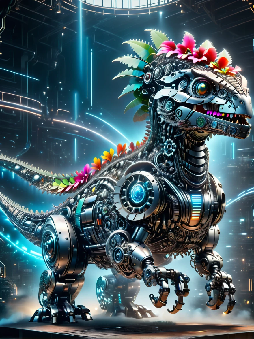 (3D，mechanical感，cute，ais-scrapyrd Tyrannosaurus，mechanical)，Colorful neon lights，高科技mechanical部件，Metal body，Detailed Vibranium Flower Design，Vibrant colors，Dynamic glowing flowers，Reflective metal surface，Bright environment，Dynamic poses，Exquisite existence，Skills Improvement，互锁mechanical齿轮，Stylish design，motion blur effect，Detailed metal treatment，Sci-fi atmosphere，Streamlined aerodynamic shape，Laser scanning pattern，Holographic projection，LED light track，Beautiful and unforgettable，Advanced sensors，Complex algorithms，Ominous and mysterious atmosphere，Electric Spark，Shiny chrome，Propulsion systems of the future，(Best quality，8k，high resolution，masterpiece:1.2)，Super detailed，(whole body:1.8)​