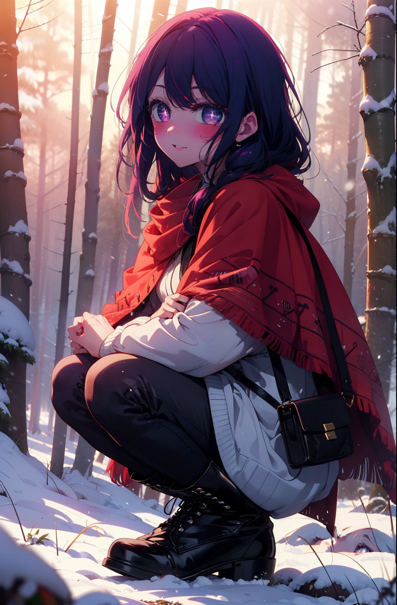 aihoshino, Ai Hoshino, Long Hair, bangs, (Purple eyes:1.1), Purple Hair, (Symbol-shaped pupil:1.5), smile,,smile,blush,white breath,
Open your mouth,snow,Ground bonfire, Outdoor, boots, snowing, From the side, wood, suitcase, Cape, Blurred, , forest, White handbag, nature, Squat, Mouth closed, Cape, winter, Written boundary depth, Black shoes, red Cape break looking at viewer, Upper Body, whole body, break Outdoor, forest, nature, break (masterpiece:1.2), Highest quality, High resolution, unity 8k wallpaper, (shape:0.8), (Beautiful and beautiful eyes:1.6), Highly detailed face, Perfect lighting, Extremely detailed CG, (Perfect hands, Perfect ???????),
