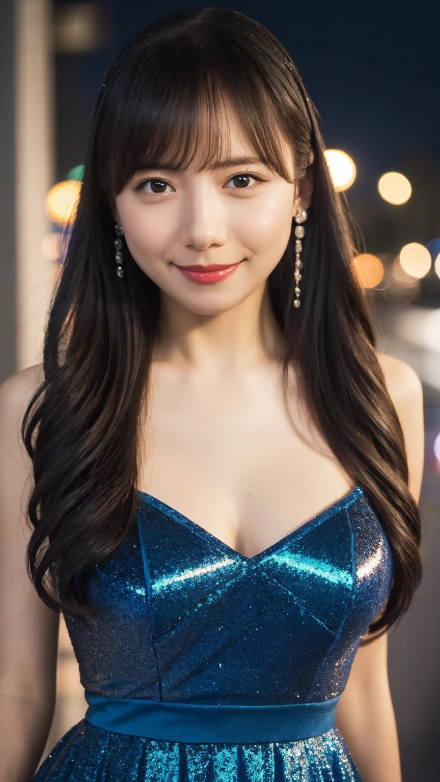 1girl,(wearing a blue glittery evening dress:1.2),(RAW photo, best quality), (realistic, photo-realistic:1.4), masterpiece, an extremely delicate and beautiful, extremely detailed, 2k wallpaper, Amazing, finely detail, extremely detailed CG unity 8k wallpaper, ultra-detailed, highres, soft light, beautiful detailed girl, extremely detailed eyes and face, beautiful detailed nose, beautiful detailed eyes,cinematic lighting,city lights at night,perfect anatomy,slender body,light smile,close up,(long hair with bangs), tight breast