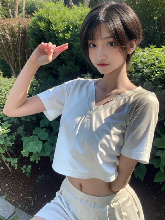 Maki Horikita Beautiful girl Beautiful face age girl Young face Crying expression Tearful face Short stature Slim athleticism Exposed navel Beautiful legs Short cut Brown hair Small breasts White camisole White uniform Raising hands The landscape is a Japanese school Outdoors