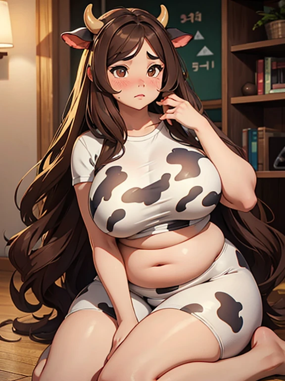 A very pretty and fat woman, long brown hair, brown eyes, sitting on floor, wearing very tight cow print clothes, huge breasts, very large belly, exhausted facial expressions, Patting her belly