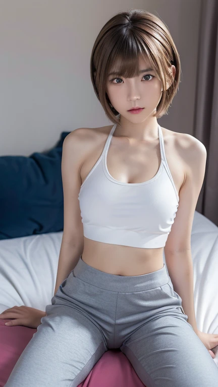8K, high quality photo, Japanese cute 18-year-old girl, B85W56H89, Height 153cm, light brown eyes, (The hairstyle : Bob cut, straight hair, with bangs, length reaching the shoulders, hair color is light brown with highlights, bangs are straight and cover the forehead), (wear : Gray sports bra and Short bikini pants, simple and modern design, White elastic band under bra and over pants like "Calvin Klein" , snug fit ), sitting on a bed, legs wide spread, ((The crotch of the pants showing the shape of the pussy)),