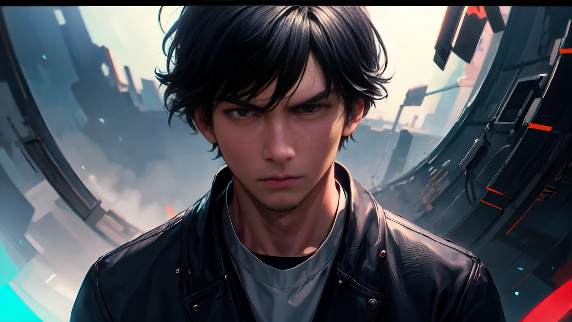 black hair, man, male, Handsome, Science Fiction, short hair, glaring, jitome, Surrealism, drop shadow, anaglyph, stereogram, tachi-e, pov, atmospheric perspective, cinematic lighting, letterboxed, Wide-Angle, 8k, super detail, best quality, UHD, highres
