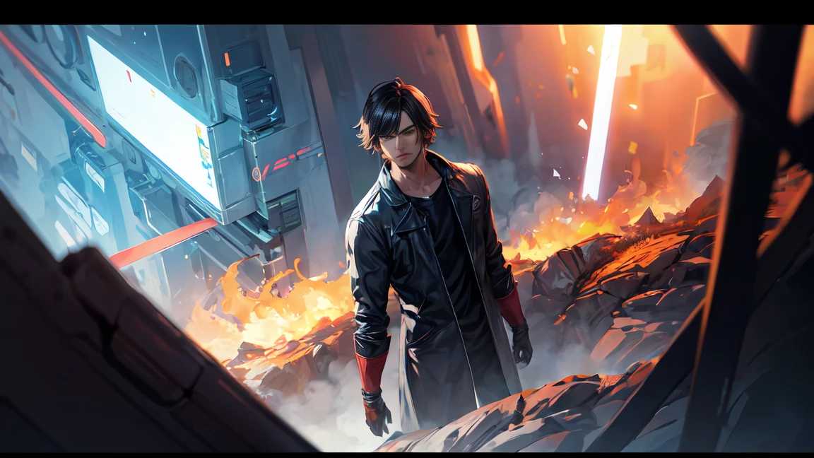 black hair, man, male, Handsome, Science Fiction, short hair, glaring, jitome, Surrealism, drop shadow, anaglyph, stereogram, tachi-e, pov, atmospheric perspective, cinematic lighting, letterboxed, Wide-Angle, 8k, super detail, best quality, UHD, highres