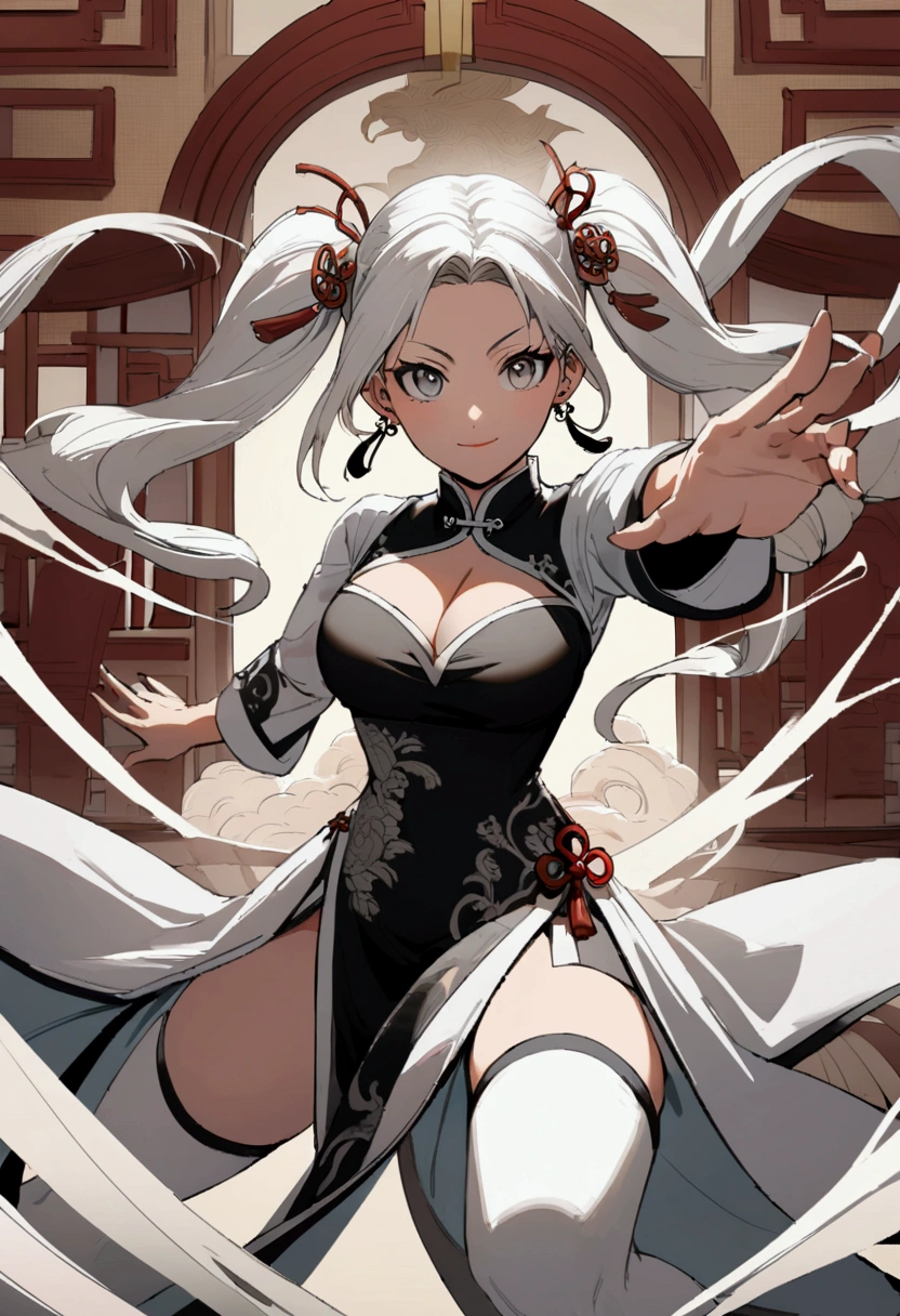 "An anime-style portrait of an adult woman with long twintails, hair ornaments, and earrings, wearing a two-tone black and white Chinese dress with a cleavage cutout and white thigh-highs, in a dynamic action pose with a light smile, centered against a Chinese temple background."