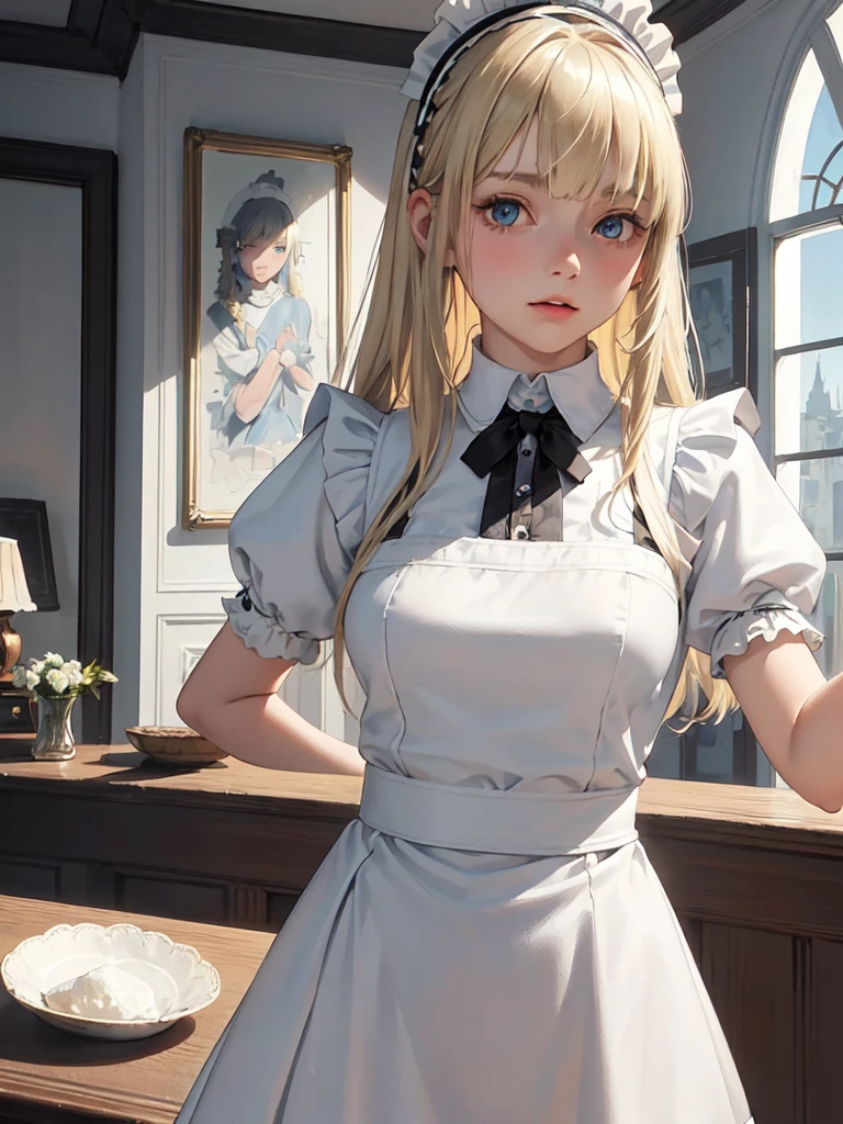 1lady, solo, young girl, , straight blonde hair, blunt bangs, Blue eyes, (Cold look), (masterpiece, best quality:1.2) delicate illustration, ultra-detailed, medium breasts, ((upper body)), (Mini skirt maid outfit), living room、A sharp expression、Maid clothes with a view of the valley、garter belt、Underwear glimpses 、The pants are black