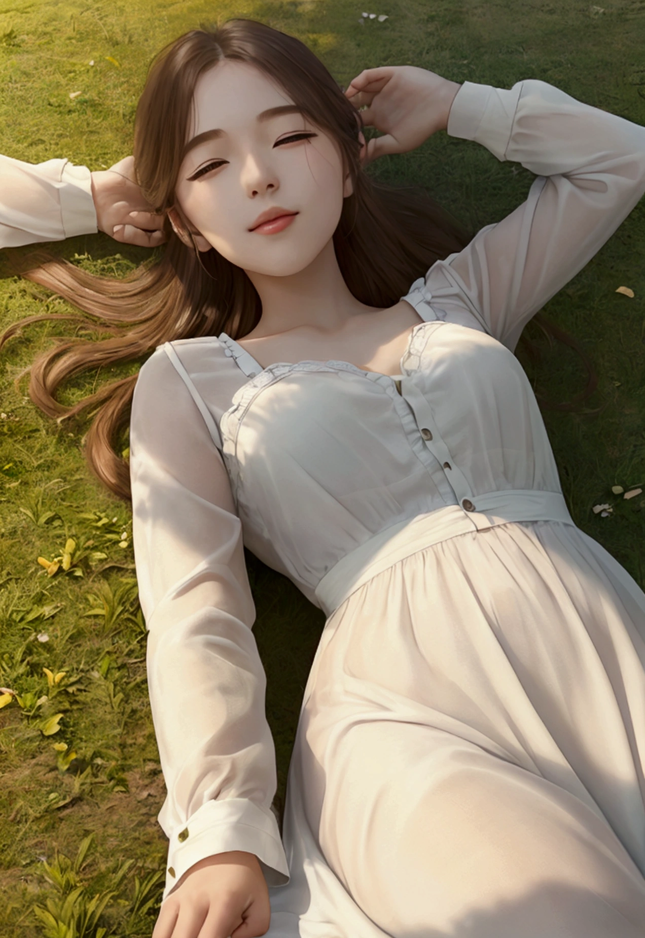 A peaceful summer afternoon with a young woman lying on a grassy field, smiling as she watches large, soft clouds drift slowly across the sky. The warm sunlight bathes her in a gentle glow, evoking deep, nostalgic feelings of youthful summers, high quality, masterpiece, 8k,