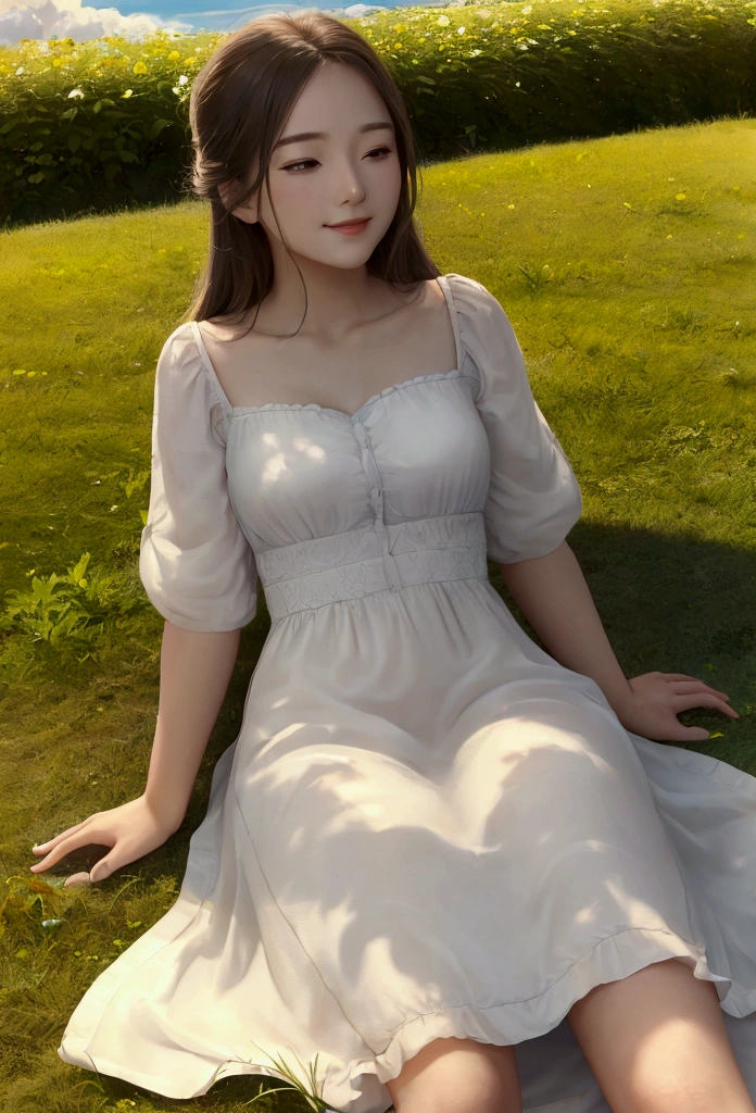 A peaceful summer afternoon with a young woman lying on a grassy field, smiling as she watches large, soft clouds drift slowly across the sky. The warm sunlight bathes her in a gentle glow, evoking deep, nostalgic feelings of youthful summers, high quality, masterpiece, 8k,