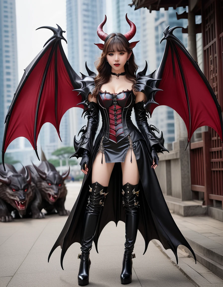 Mechanical demon woman、Wolf-like Fangs、Bull-like horns、Large bat-like wings、Devil&#39;s Tail、Red glowing eyes、Black thin dress、Elaborate and detailed faces、Ideal body type、Big Breasts、Tight waist、Long limbs、Detailed mechanical body、Detailed gears、On a moonlit night、mecha