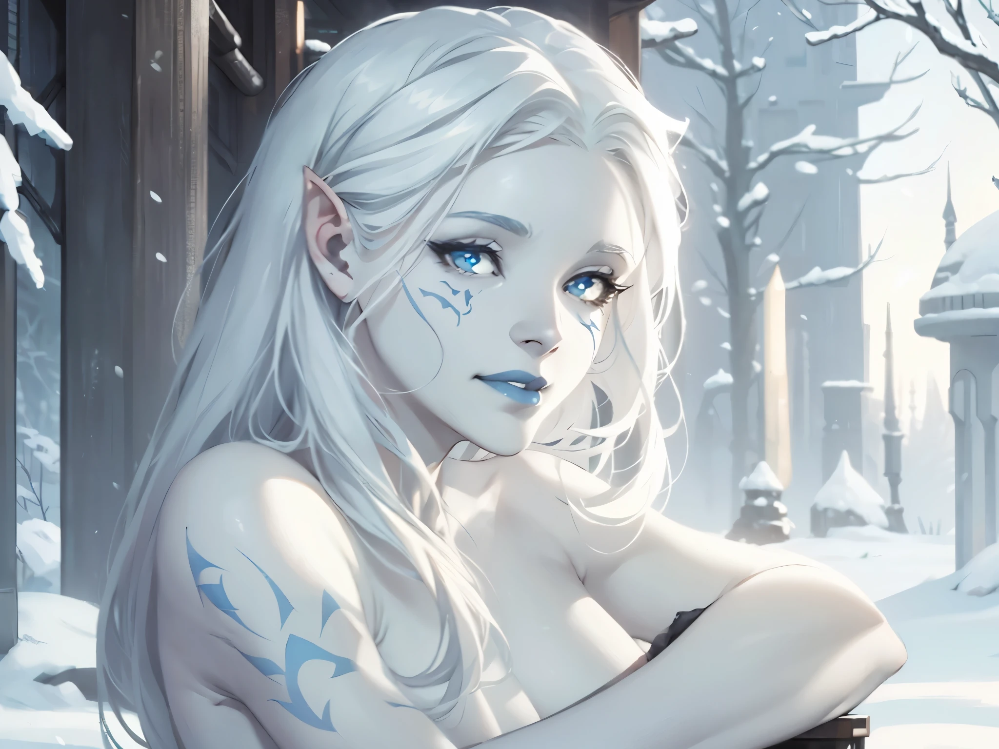 star wars, jarael, pale white skin, long white hair, ((blue lips)), sitting in snow outside, smiling, cute pose, naked