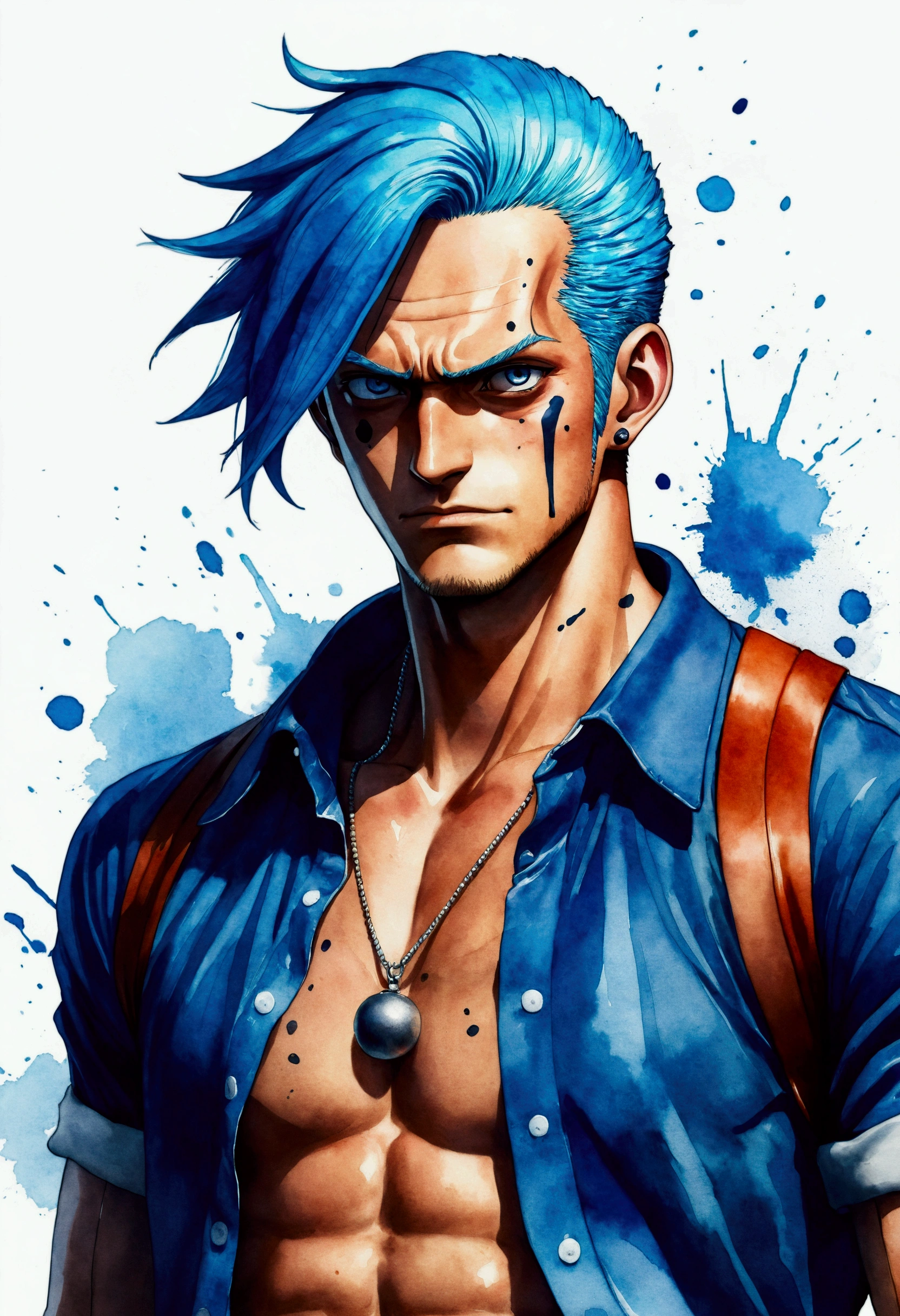 One Piece Franky Creation、Watercolor、An illustration、Blue Hair、shirt、precise face features、black eye、Sporty clothes、High resolution、Dynamic pose、
