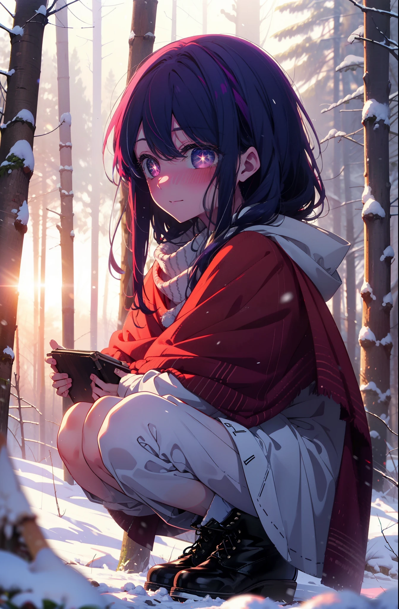 aihoshino, Ai Hoshino, Long Hair, bangs, (Purple eyes:1.1), Purple Hair, (Symbol-shaped pupil:1.5), smile,,smile,blush,white breath,
Open your mouth,snow,Ground bonfire, Outdoor, boots, snowing, From the side, wood, suitcase, Cape, Blurred, , forest, White handbag, nature,  Squat, Mouth closed, Cape, winter, Written boundary depth, Black shoes, red Cape break looking at viewer, Upper Body, whole body, break Outdoor, forest, nature, break (masterpiece:1.2), Highest quality, High resolution, unity 8k wallpaper, (shape:0.8), (Beautiful and beautiful eyes:1.6), Highly detailed face, Perfect lighting, Extremely detailed CG, (Perfect hands, Perfect Anatomy),