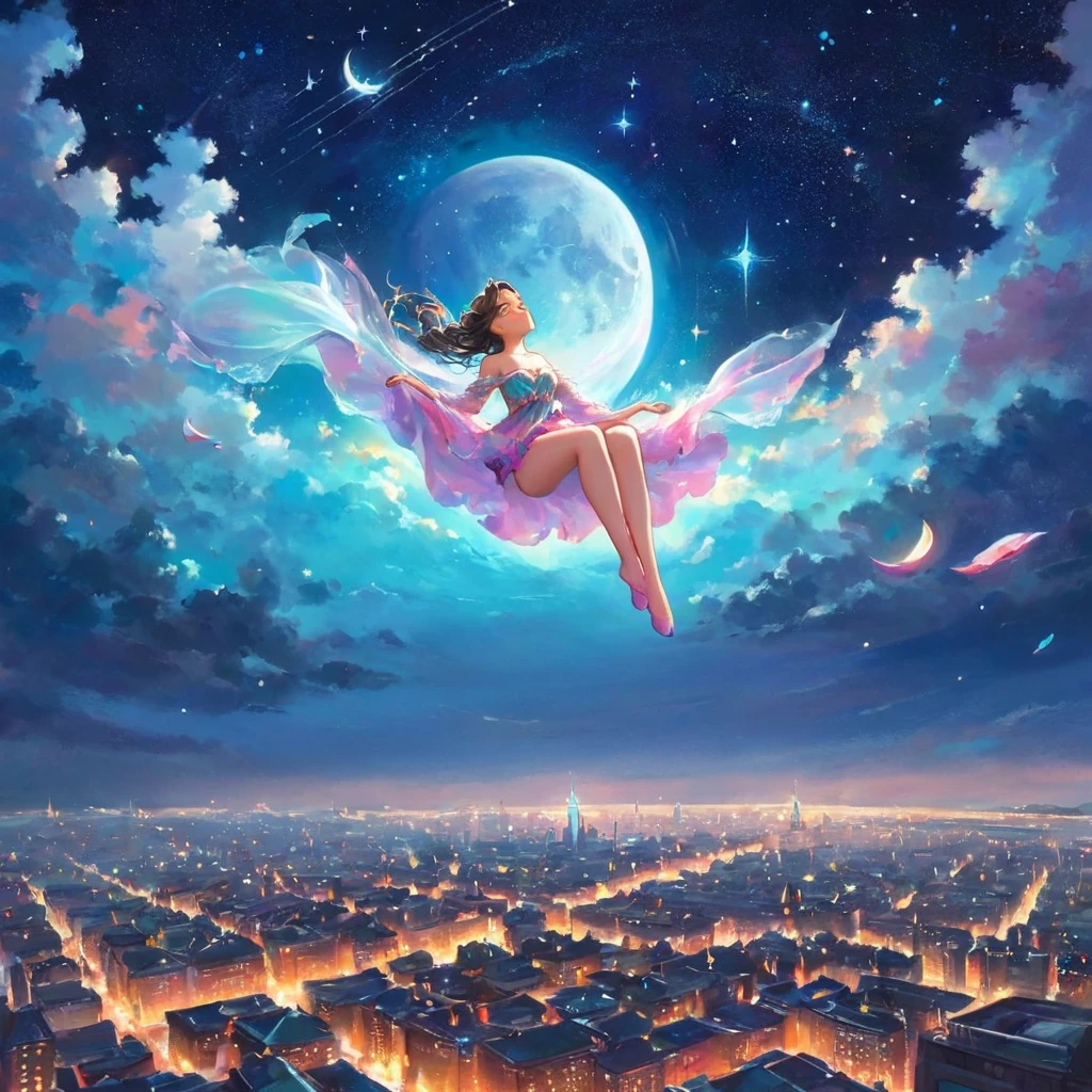 A stunningly ethereal woman, composed of a dazzling array of colors of stardust, lays gracefully on fluffy clouds in the sky. Bathed in dynamic and enchanting night  lighting, accentuates her vibrant, full-bodied form. Floating above a cityscape night. Twinkle stars and glowing moon. Fantasy art. Masterpiece 