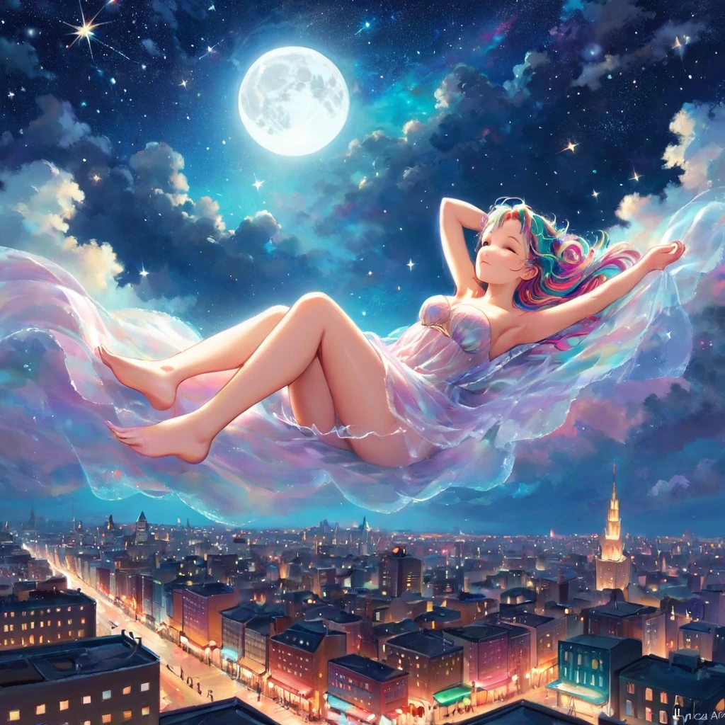 A stunningly ethereal woman, composed of a dazzling array of colors of stardust, lays gracefully on fluffy clouds in the sky. Bathed in dynamic and enchanting night  lighting, accentuates her vibrant, full-bodied form. Floating above a cityscape night. Twinkle stars and glowing moon. Fantasy art. Masterpiece 