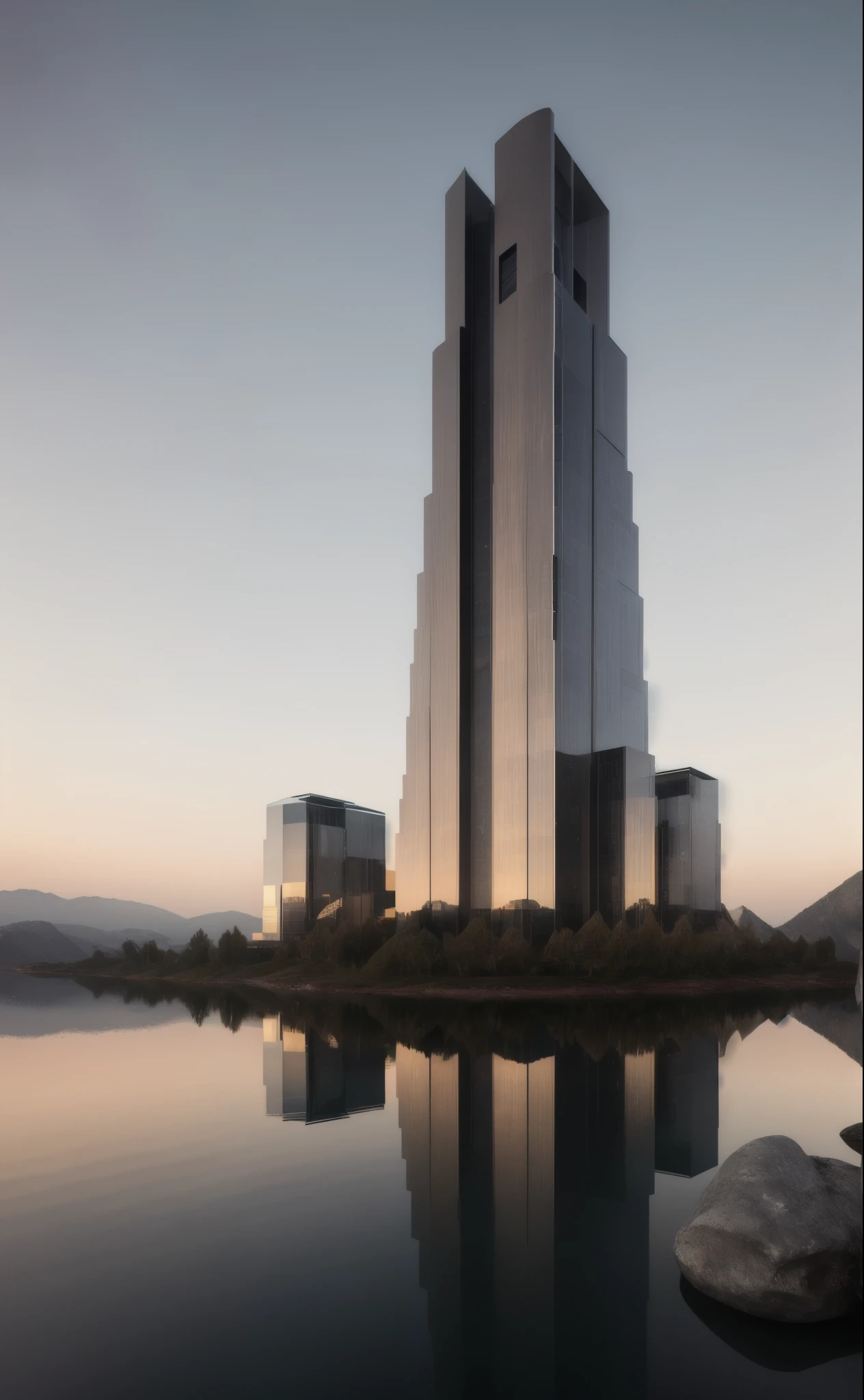 ((masterpiece, best quality)), 8k, modern gold metallic architecture style, photo realistic, david chipperfield, hyper detailed photo, single box, a digital 3d render of a building,(stone:1.1), leansflare, mountain, tall building, sunset. High details, high quality, [[photorealistic Chromatic gold aberration]], digital photograph, HDR, high contrast, (cowboy shot), masterpiece. [The golden scene is surrounded by mist, evoking a mysterious and eerie atmosphere. The lighting is dark and atmospheric, with a touch of sinister ambiance. Best quality image, HDR enhancement, showcasing the utmost level of detail and realism]. [8K, Best Quality, Ultra High Resolution, (highly detailed CG unity 8k wallpaper), (best photo), (best shadows), isometric 3D, octane rendering, ray tracing, highly detailed, (Best quality, 4K, 8k:1.2), absurdity, ultra detailed, (realistic, photorealistic, photorealistic:1.37), complex parts, HDR, (complex parts:1.12), (hyper detailed, hyper realistic, Soft lighting, spicy:1.2), (complex parts, Hyper detailed:1.15). Blurred foreground. (backlit), masterpiece, high quality, brightness, chromatic aberration, shadows, contrast, clear sky, (warm hue, warm tone), high details, natural reflections]. many details. (YES SFW)