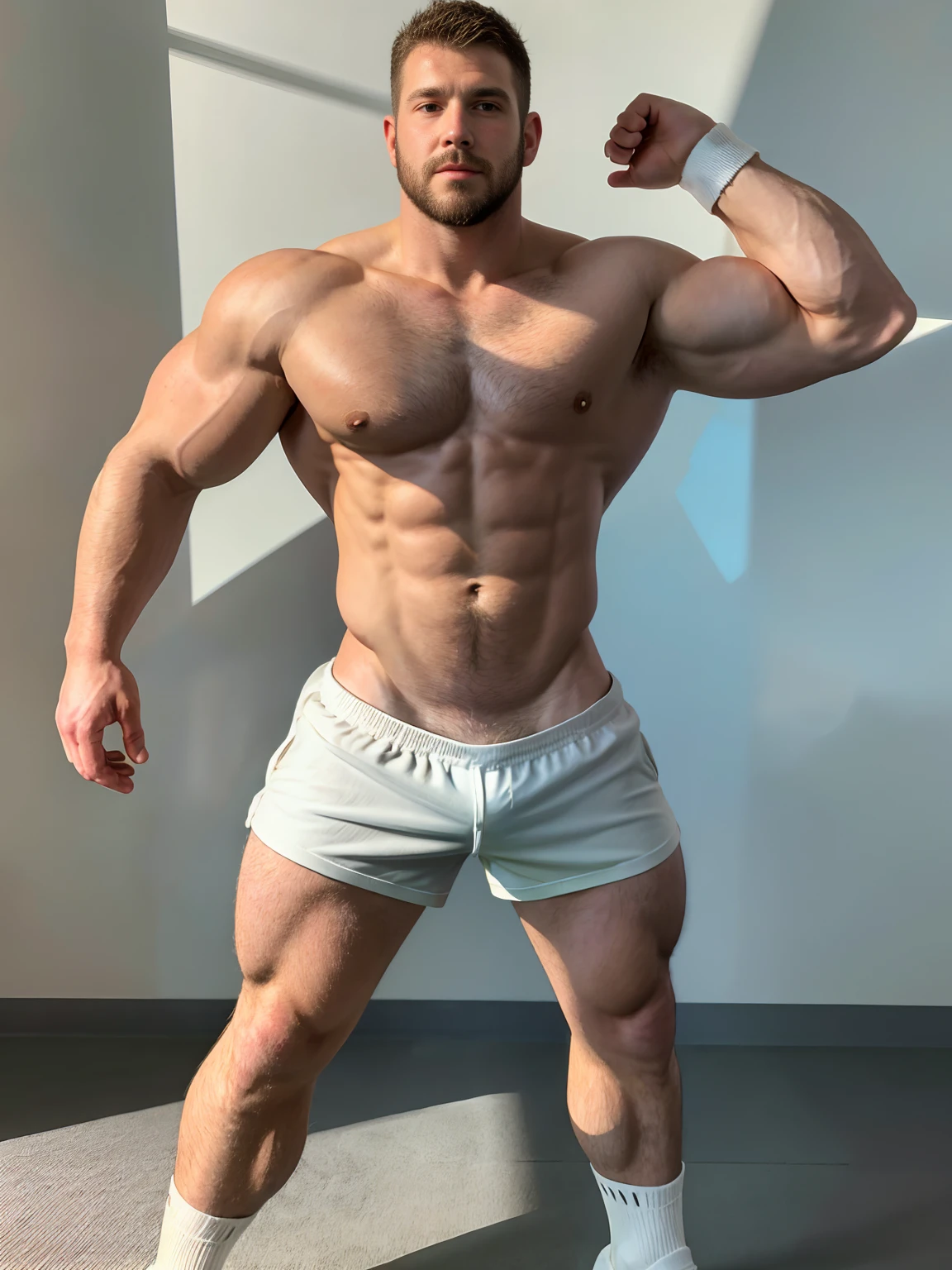 1boy, solo, unbuttoned shirt, short shorts, black shorts, white socks, (big dick:0.6), 35 year, masterpiece, details, hairy chest, hd, best shaders, fullbody