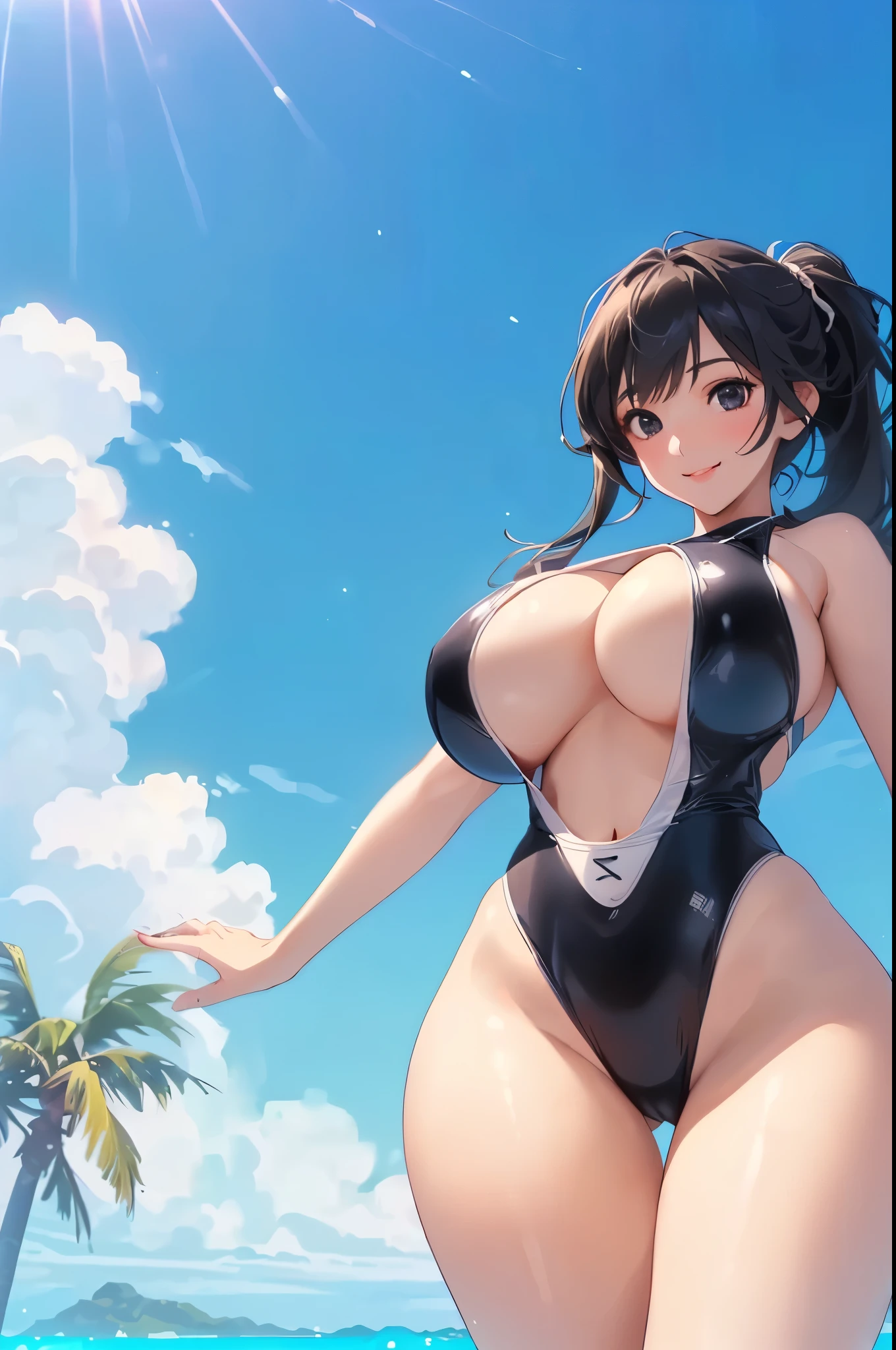 ((From directly below:1.5)),(1 girl:2.0),((Underboob:1.5)),(Smile Beam:1.5),((huge breasts:1.5)),(huge saggy breasts:1.5), ((cleavage:1.5)),((competition swimsuit:1.5)),((High leg:1.5),((latex:1.5)),傘を持ってAt the Beachポーズをとるビキニのアニメの女の子, tits, Realistic Bikini, Swimwear, is wearing a Swimwear, tits proportions, Enchanting anime girl, Big Breasts!, At the Beach, Big Breasts!!, [ 4k digital art ]!!, At the Beach, Smooth anime CG art, , have large breasts, At the Beach,Highest quality, 4K, masterpiece, Very detailedな, Studio Lighting, Hilarious, Vivid expression,super high quality, Very detailed,Perfect photo,3d,8k,High resolution,Black Hair,(black eye:1.5),Sporty hairstyles,Smooth anime CG art, 