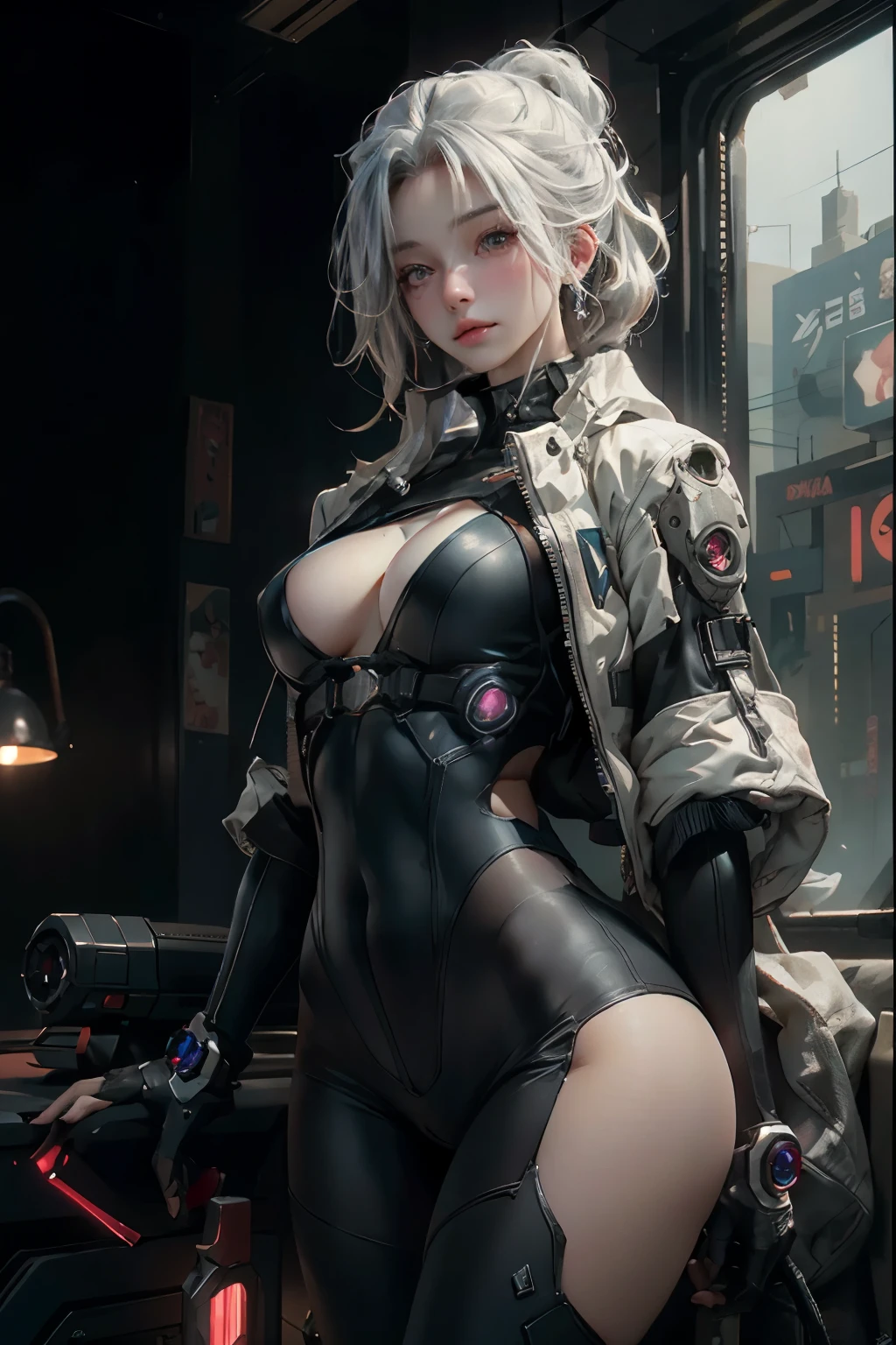 ((best quality)), ((masterpiece)), (detailed), Photorealistic, high resolution, mature woman, Image of a beautiful cyberpunk woman, Hips up, jewelry, Curtain Bangs, White hair, White eyes, หน้าอกใหญ่, HDR (high dynamic range), After processing, Anisotropic filtration,depth of field, Maximum clarity and clarity, multi-layered surface, perfect proportions, 8K raw files, กระโปรงสั้น, natural lighting, soft lighting, sunlight, cyberpunk city, detailed anatomy,