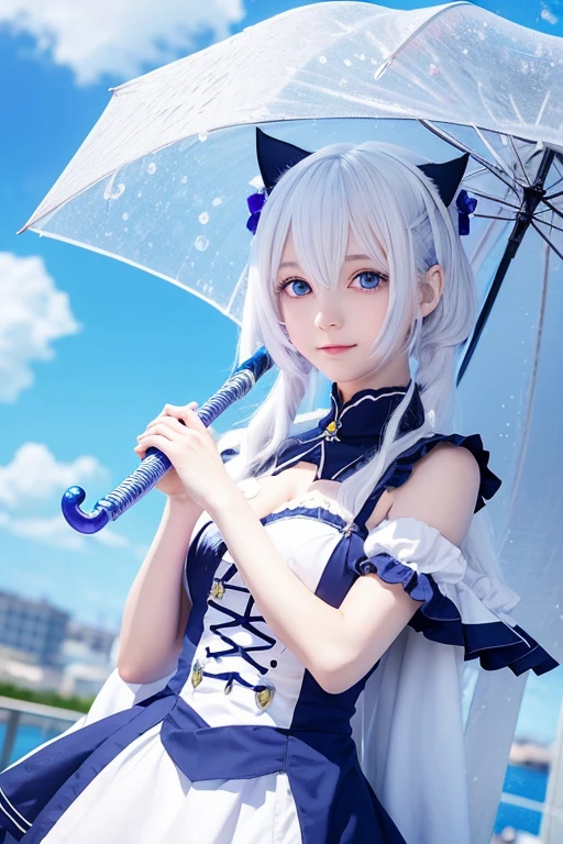 Anime girl with white hair and blue eyes holding a blue umbrella, Neferpitou, Anime Moe Art Style, , Anime Style, Ayaka Genshin Impact, Cute anime cat girl, From the Azur Lane video game, Splash art anime , White cat lady,