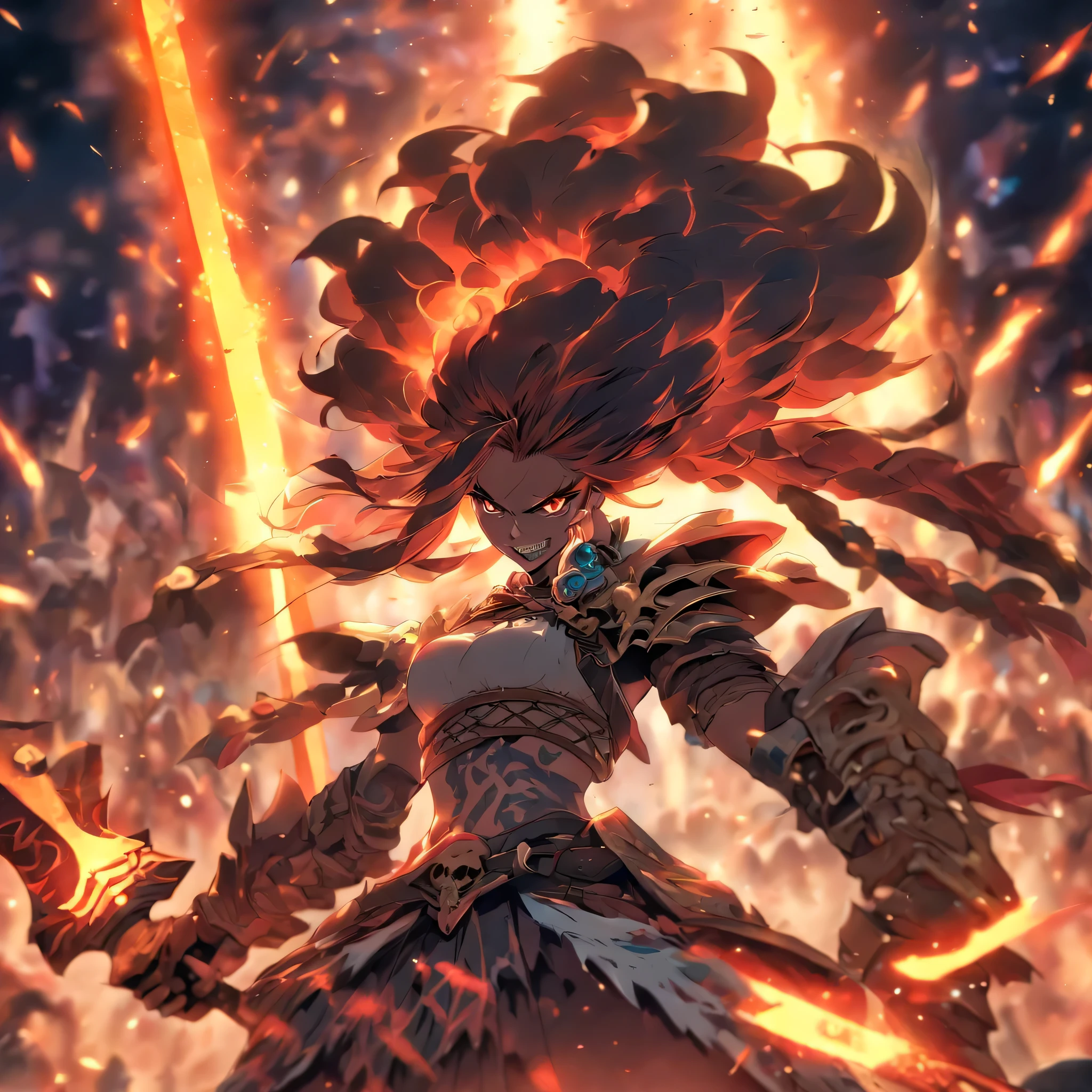 Warrior Girl,full length, a sword, Skull, bone jewelry, torches around, Arena(hires, high quality)
