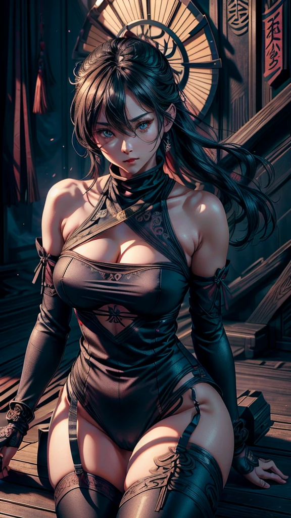 masterpiece, 最high quality, high quality, High resolution, high quality texture, high quality shadow, High Detail, Beautiful details, Detailed, Extremely detailed CG, Detailedテクスチャー, a Realistic representation of the face, Realistic, colorful , delicate, Cinematic Light, Side light, Lens flare, Ray Tracing,tailed beautiful delicate face, detailed beautiful delicate eyes,Beautiful Eyes,Detailed髪,Soft Hair,Well-shaped lips,ninja, bare shoulders, detached sleeves, cleavage,Crouching with legs apart,Black see-through underwear,cameltoe,night,Female ninja,Ninja,