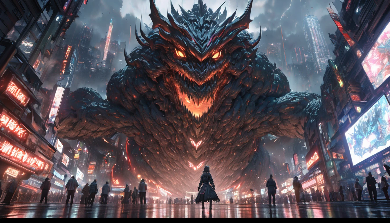 Create a hyper-detailed scene of a 500-meter tall Kaiju standing in the middle of Hong Kong at night. The Kaiju should have a sleek, armored-looking body with neon lights embedded in its skin. Its face should show a fierce, enraged expression. Show it towering over the city’s skyscrapers and neon-lit streets, with people fleeing in panic. Use ray tracing to enhance the neon lights and reflections, focusing on the intricate details of the Kaiju’s design and the bustling, chaotic cityscape. Render this in Unreal Engine 5 for hyper-detail and photorealism. creating a sense of awe and tension. 8K, extremely detailed, intricate details, photorealistic, masterpiece, cinematic lighting, dynamic composition, muted color palette, moody atmosphere, dramatic shadows, awe-inspiring scale, kaiju with expressive faces, maid uniform with delicate lace and ribbons, lair with intricate architecture and advanced technology, cityscape in the background with skyscrapers and landmarks, FOCUS ON THE CREATION OF FACE