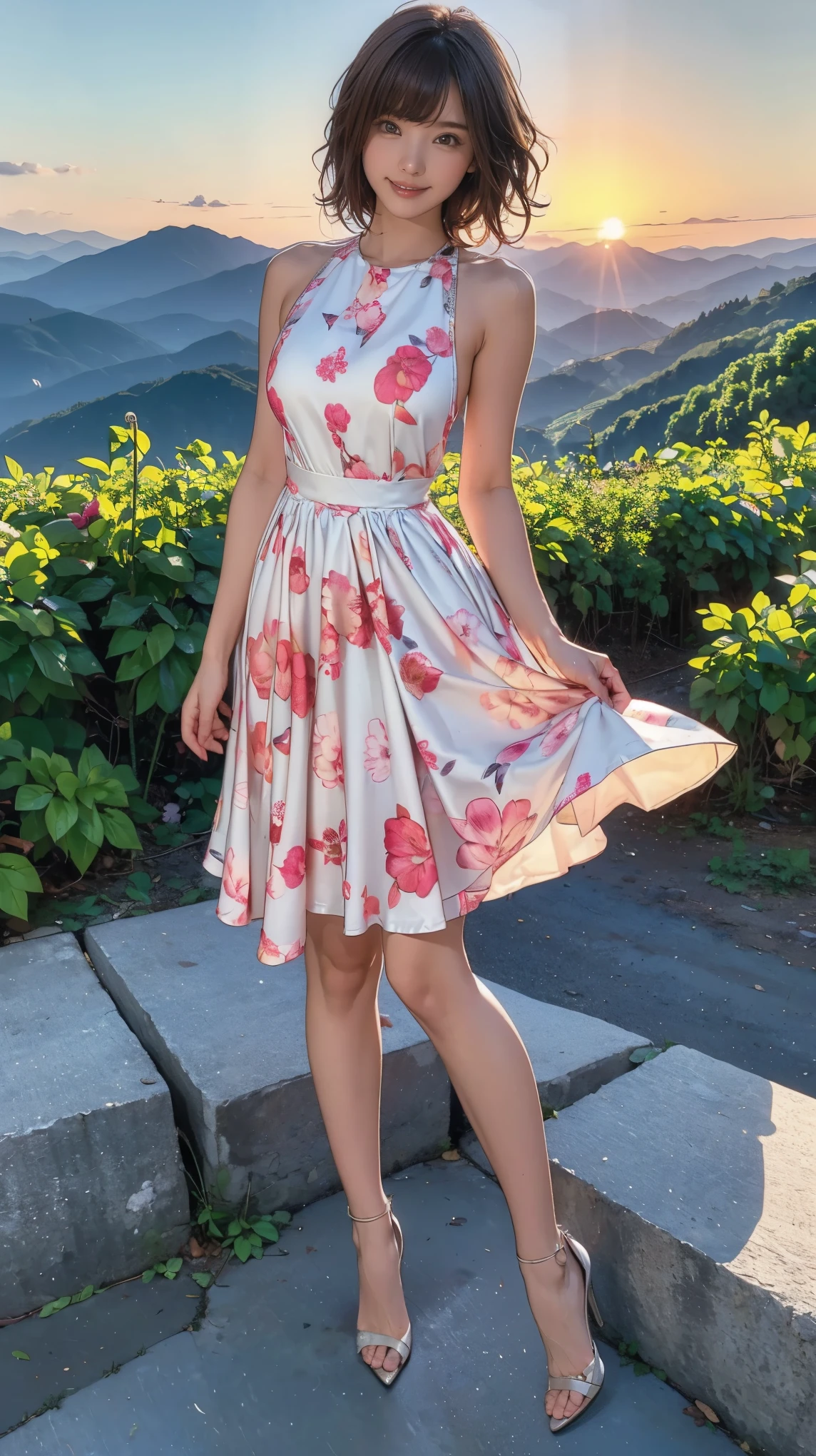 ((masterpiece)),(((Highest quality))),A low-angle shot that highlights beautiful thighs:1.5,Long legs,The best smile:1.5,Slim figure:1.5,whole body:1.5,(One Girl:1.3),(Viewer Display:1.4),(Pointy high heels:1.3),(Standing with legs apart on top of a mountain in the setting sun:1.2),(Wear a long skirt dress with floral or plant patterns:1.2),Curly Hair:1.5,