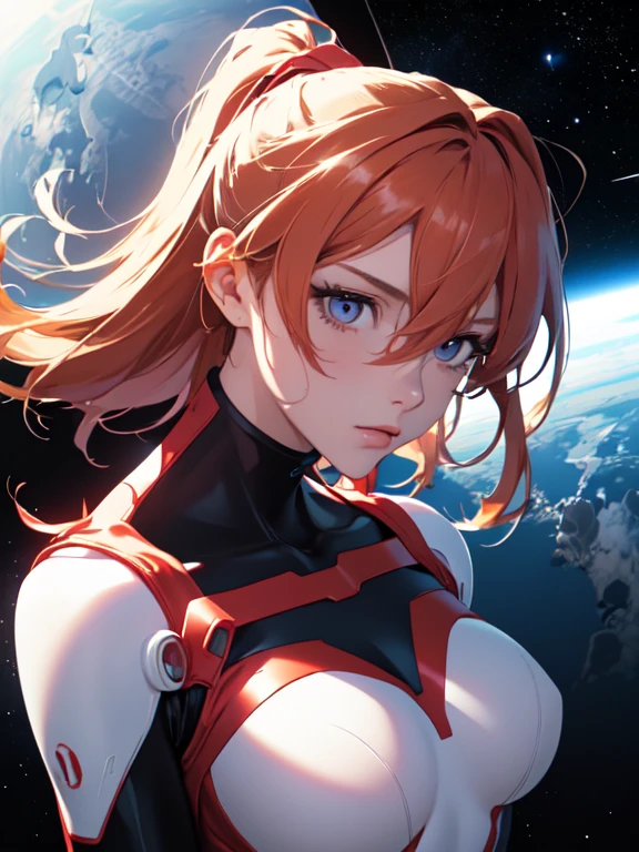 (masterpiece, highest quality), One girl, Beautiful Face, Beautiful body, Makinami Mari Illustrious, Plug Suit, Bodysuits, Interface Headset, red Bodysuits, Hair between the eyes, Pilot Suit,((Show your whole body:1.5)), The background is space (Amazing details, Excellent lighting, Wide-angle)