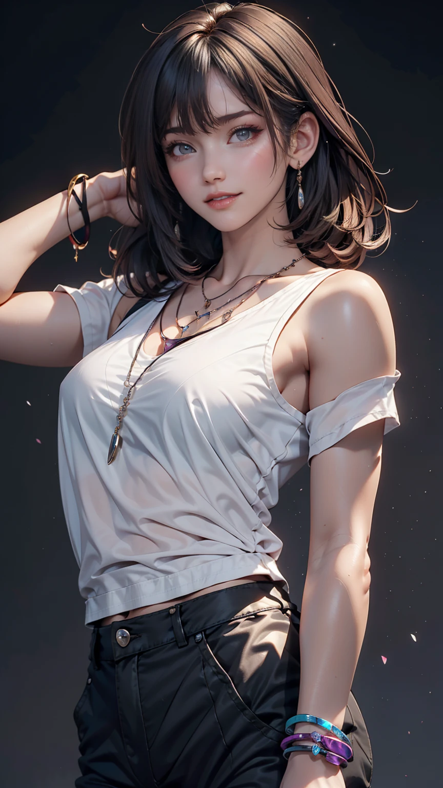 masterpiece,One girl,alone, A light smile, Metal Necklace, White shirt, Modern , accessories, Purple and black two-tone hair color, Unique Hairstyles, stylish, Black background