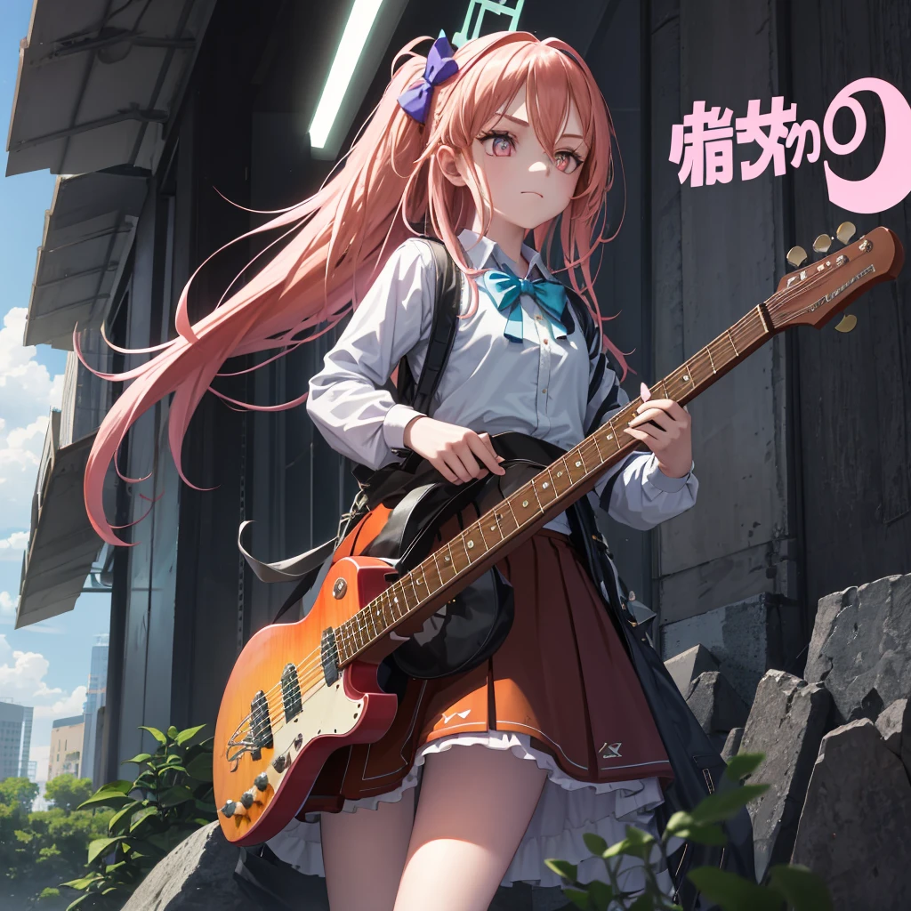 (1 Girl, size), (guitar Solitary), bubble skirt, aqua shirt, bow, bowtie, Buttons, collared shirt, Poker face, The eyebrows are covered by hair, fox mask, Cowboy shooting, Long hair, Long sleeve, mask, multicolored Buttons, Pink Eyes, Pink Hair, orange skirt, lattice, lattice shirt, purple bow, purple bowtie, shirt, skirt, Solitary, very Long hair, Ocean, Ocean洋, Ocean滩, cloudy, Sunlight, dusk, moon, cloud, Sky, outdoor, cloudy Sky, leaf, ruins, Sunlight, Post-apocalyptic, side view