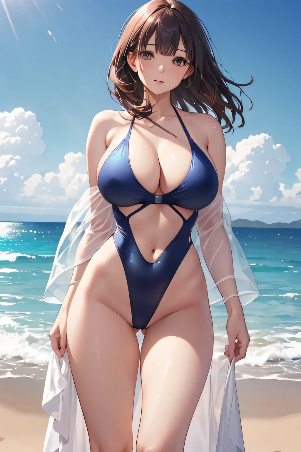((1 female, 40 years old)), ((Pink Slingshot Swimsuit)), masterpiece, ((Big Breasts)), Sexy pose, (Big Hips), (Sexy pose), (very tanned and shiny skin), (Skin dents), photoRealistic, Realistic, alone, photoRealistic, Highest quality, Ultra-high resolution, Yura S, Outdoor, colorful, Lips parted, Daytime setting, beautiful, (background: Ocean), masterpiece, Highest quality, Very detailed顔, Perfect lighting, Ultra-high resolution, Very detailed 
