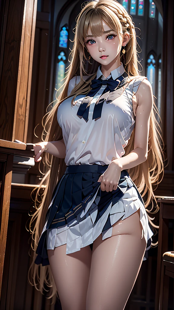 Ultra high definition、4K、(Precise depiction)、Photo from below、Beautiful girl at 、((braided blonde hair))、Long beautiful blonde hair、Long eyelashes、Eyeliner、Shaped eyebrows、Glossy thick lips、Flushing、Dark blush:1.3、White skin、Gorgeous Earring、Sleeveless blouse with friled micro Mini Skirt、Mini skirt with ruffles、skirt lift, 、(puffy pussy), Knee-high boots、standing Inside the church、Four hands are touching the girl from all around.