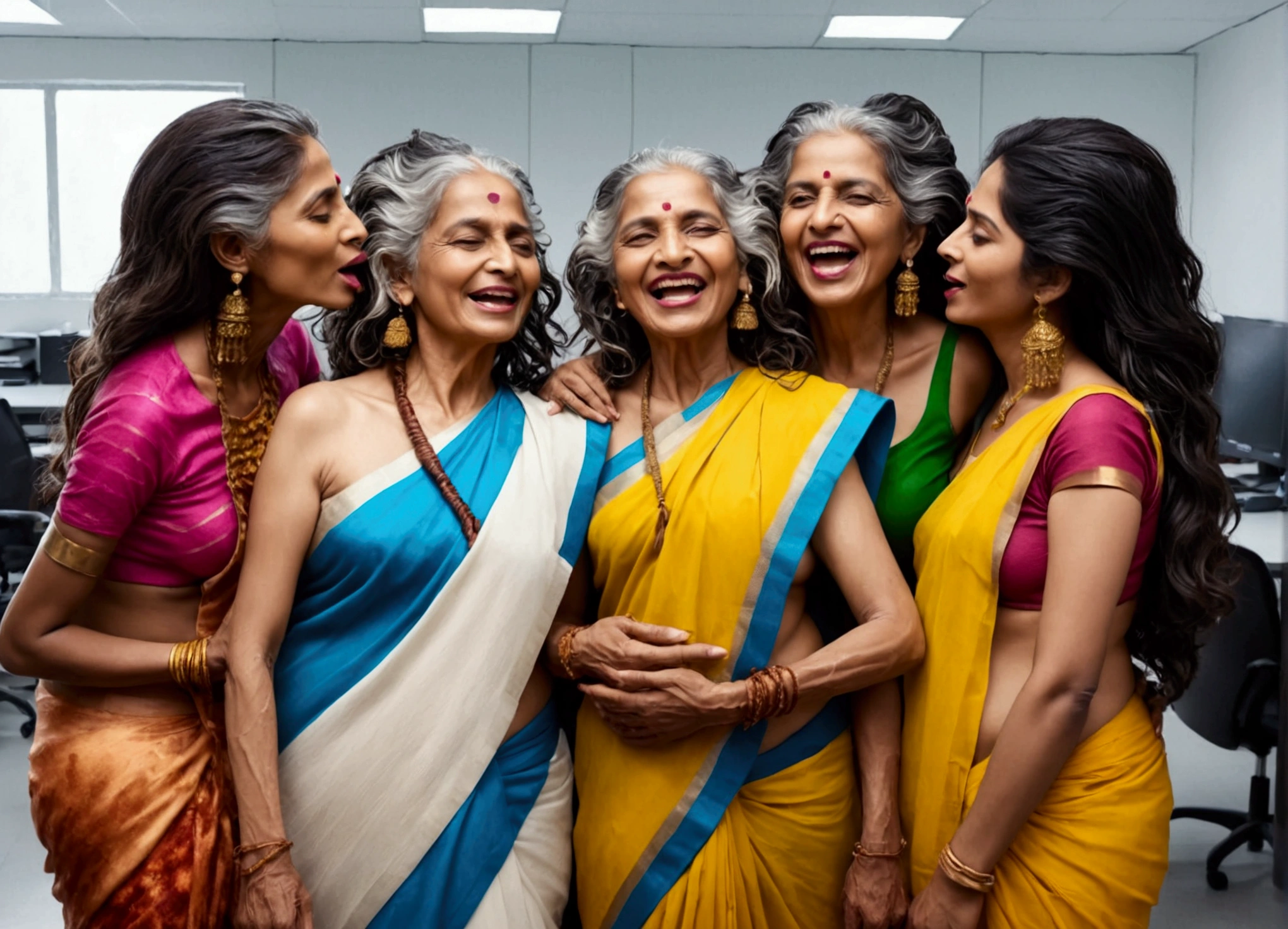 {{18:13}},{{{Full frame office}},{{Full Bodies}}},in indian modern light flooded office,at middle of the office ultra realistic four eldery indian ladies in age 60 in fully nude carrying across the same aged ladies while tongue out keeping ultra realistic curly very long black hairs ultra drenched with 100000 liters of hair oil in hair styled in slick combed thick noodles in one stream,cascade front,kissing,{{{{Fully Nude}}}},{{{{Ultra (oil+gel)drenched curly long hairs like (gel+oil) pulp,Shining like mirrors}}}},{{{Their bodies are oiled with lots of oil making bright shining all over the bodies like mirrors}}}