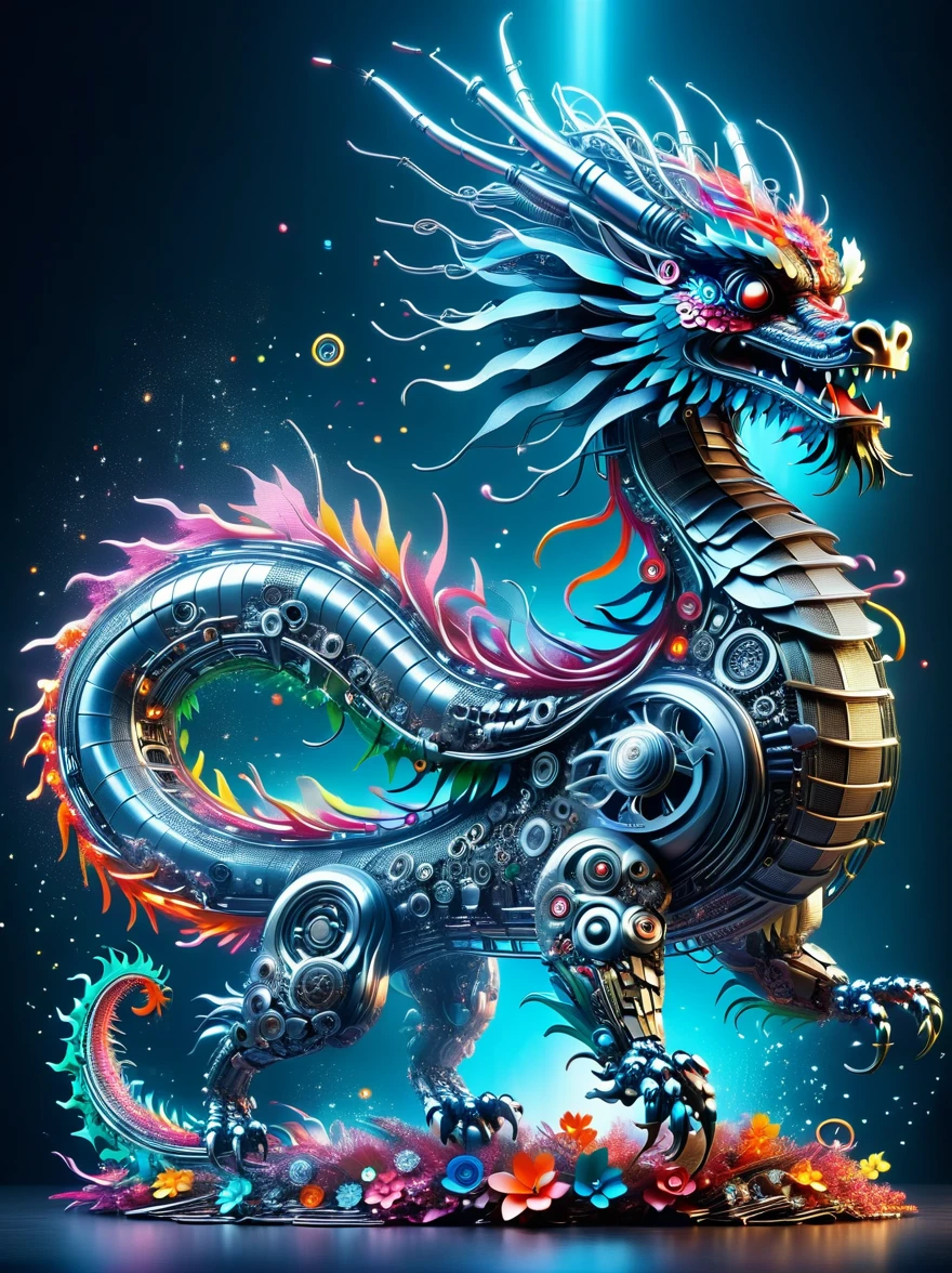 (3D,mechanical感,cute,ais-scrapyrd Chinese dragon,mechanical),Colorful neon lights,高科技mechanical部件,Metal body,Detailed Vibranium Flower Design,Vibrant colors,Dynamic glowing flowers,Reflective metal surface,Bright environment,Dynamic poses,Exquisite existence,Skills Improvement,互锁mechanical齿轮,Stylish design,motion blur effect,Detailed metal treatment,Sci-fi atmosphere,Streamlined aerodynamic shape,Laser scanning pattern,Holographic projection,LED light track,Beautiful and unforgettable,Advanced sensors,Complex algorithms,Ominous and mysterious atmosphere,Electric Spark,Shiny chrome,Propulsion systems of the future,(Best quality,8k,high resolution,masterpiece:1.2),Super detailed,(whole body:1.8)