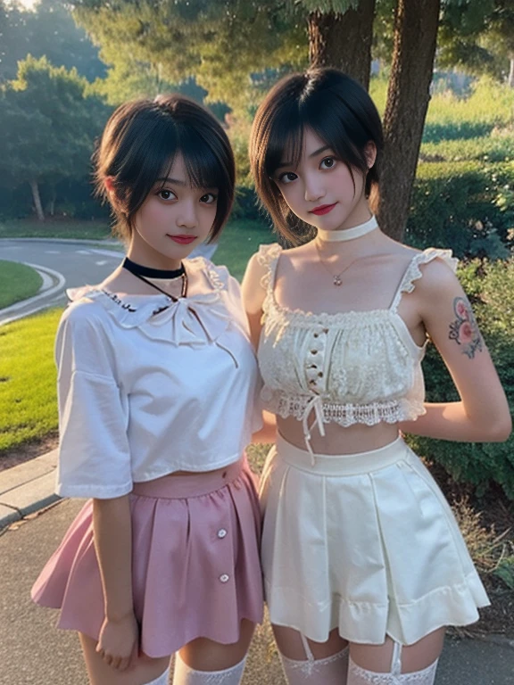 Two 18 year old girls at a festival, two playful friends dancing, nice legs, Perfect faces like young Asian teen models., Colored hair, only girls, colored skirt with slit, straps, choker, Skinny body, innocent expression, tempting, garter with stockings,cute glasses, bright playful, slim model, cute young teenage girls, tattoos, silk panties, cute skirt with ruffles, cutout crop top, many colors, playful smile