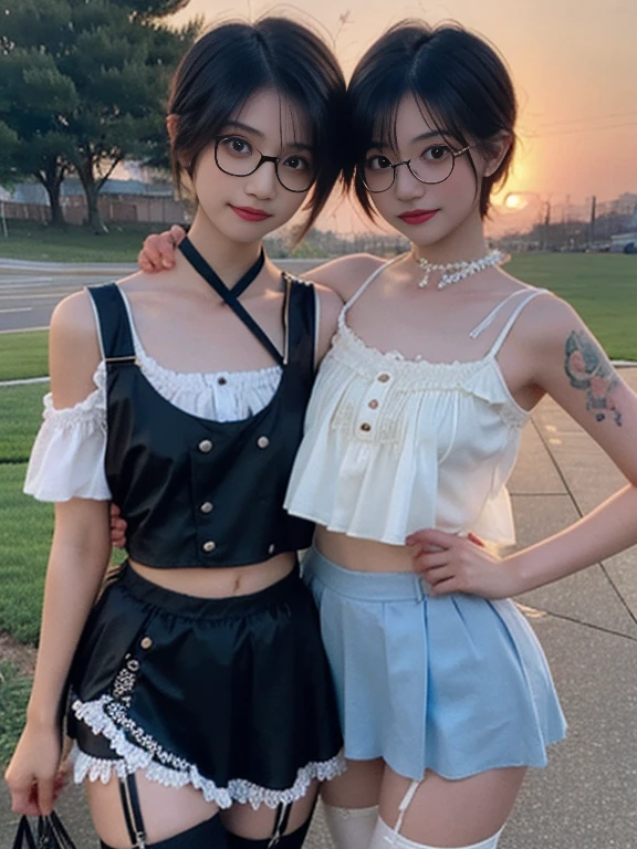 Two 18 year old girls at a festival, two playful friends dancing, nice legs, Perfect faces like young Asian teen models., Colored hair, only girls, colored skirt with slit, straps, choker, Skinny body, innocent expression, tempting, garter with stockings,cute glasses, bright playful, slim model, cute young teenage girls, tattoos, silk panties, cute skirt with ruffles, cutout crop top, many colors, playful smile