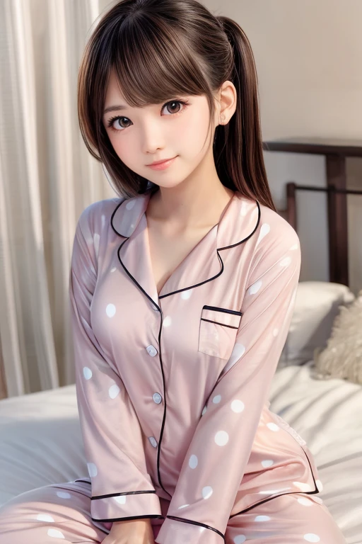 （ultra detailed realistic human skin, japanese  ultra extremely amazingly beautiful baby face girl:1.4),  (childish design polka dot pretty  pajamas,high school student:1.4), looking at viewer, slightly smile,18yo,
perfect features perfect round face, toddler face shape, (bed room,perfect sized and perfect shaped big chests:1.2),  