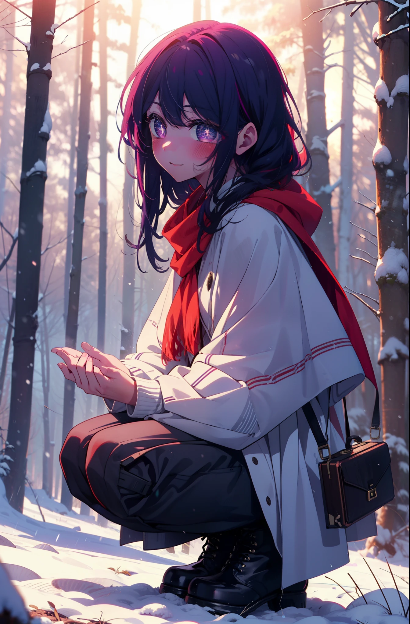 aihoshino, Ai Hoshino, Long Hair, bangs, (Purple eyes:1.1), Purple Hair, (Symbol-shaped pupil:1.5), smile,,smile,blush,white breath,
Open your mouth,snow,Ground bonfire, Outdoor, boots, snowing, From the side, wood, suitcase, Cape, Blurred, , forest, White handbag, nature,  Squat, Mouth closed, Cape, winter, Written boundary depth, Black shoes, red Cape break looking at viewer, Upper Body, whole body, break Outdoor, forest, nature, break (masterpiece:1.2), Highest quality, High resolution, unity 8k wallpaper, (shape:0.8), (Beautiful and beautiful eyes:1.6), Highly detailed face, Perfect lighting, Extremely detailed CG, (Perfect hands, Perfect Anatomy),