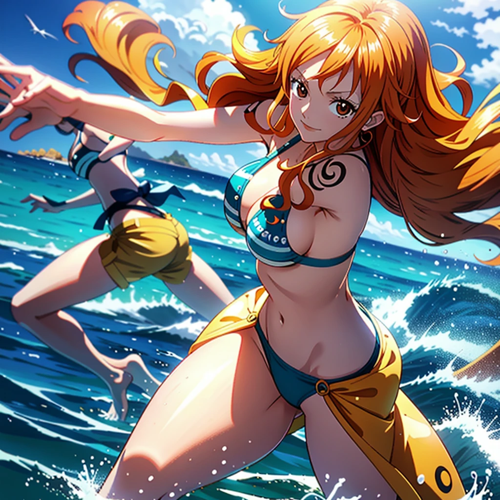 「one piece」Character Nami wearing a swimsuit。Nami has long orange hair and brown eyes.、Has an outstanding style。She is wearing a bikini、Showing a confident smile。The blue sea and white sandy beach are in the background.、The summer sun is shining。